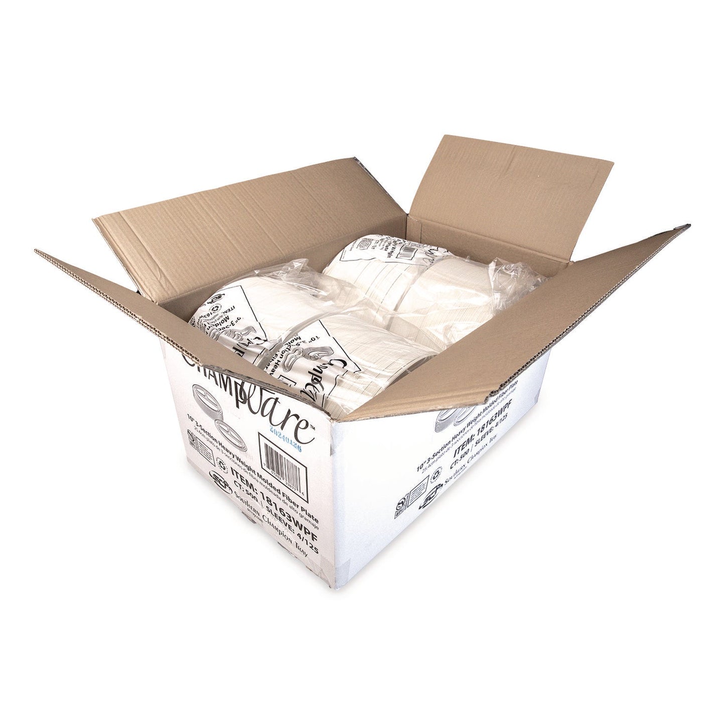 SCT® ChampWare Molded Fiber Tableware, 3-Compartment Plate, 10" dia, White, 125/Sleeve, 4 Sleeves/Carton
