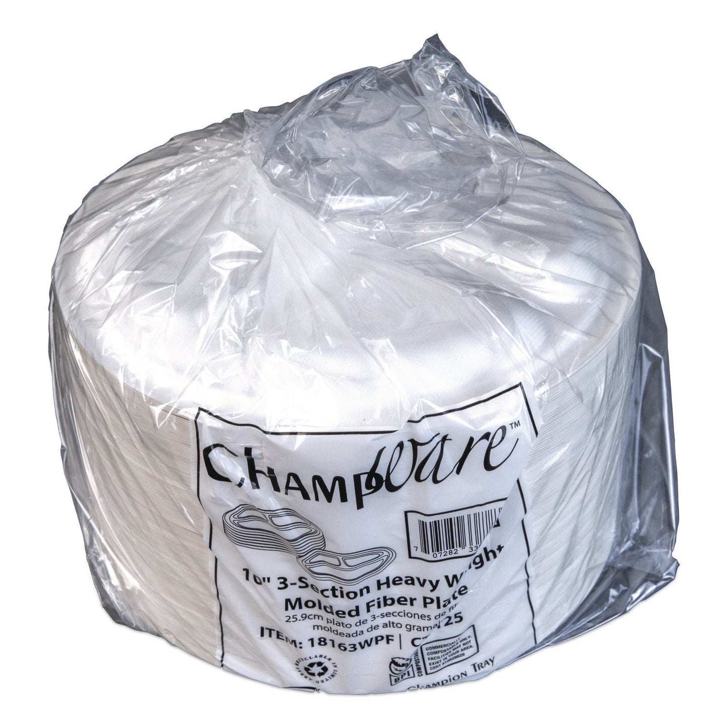 SCT® ChampWare Molded Fiber Tableware, 3-Compartment Plate, 10" dia, White, 125/Sleeve, 4 Sleeves/Carton