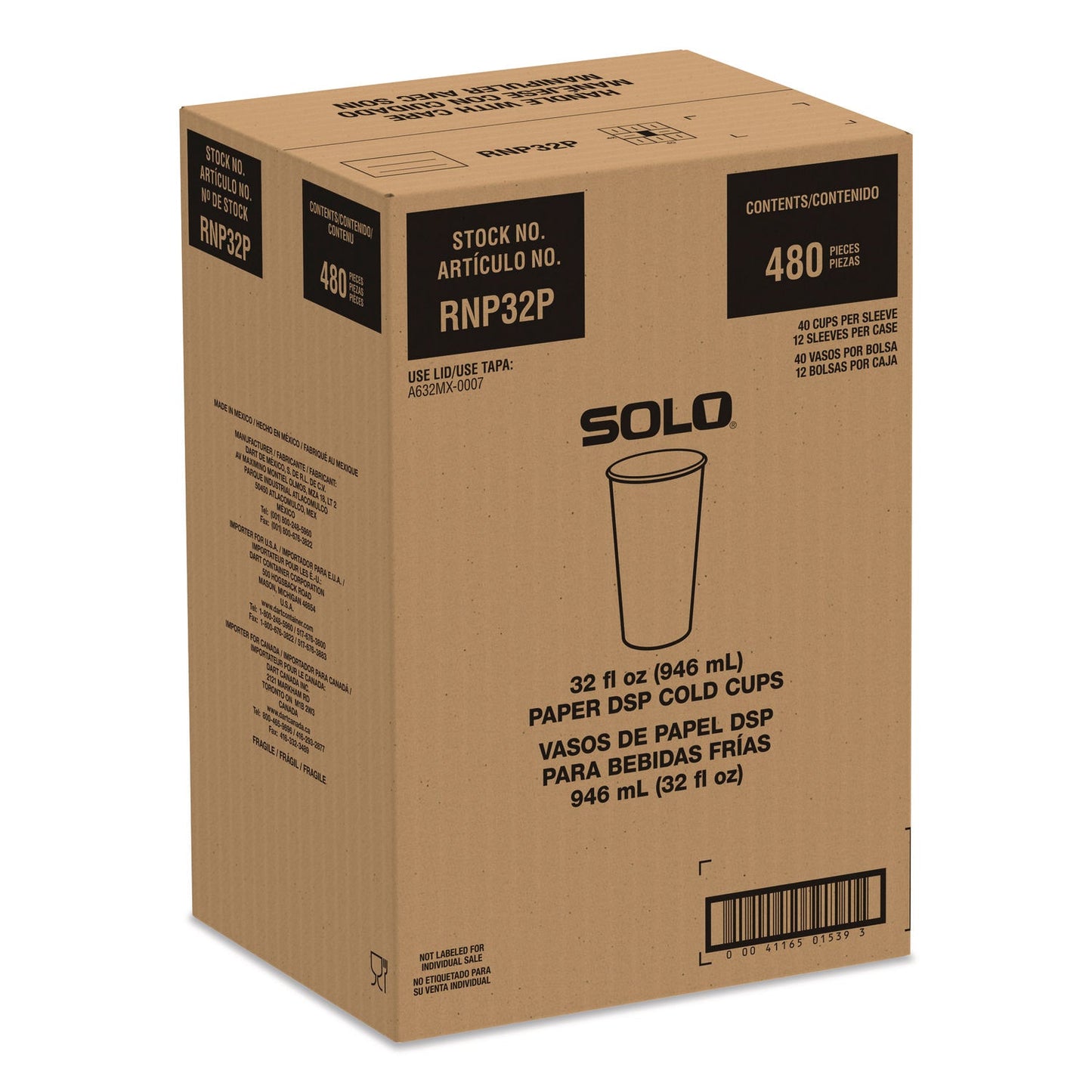 SOLO® Double Sided Poly (DSP) Paper Cold Cups, 28 oz to 32 oz, White, 40 Cups/Sleeve, 12 Sleeves/Carton