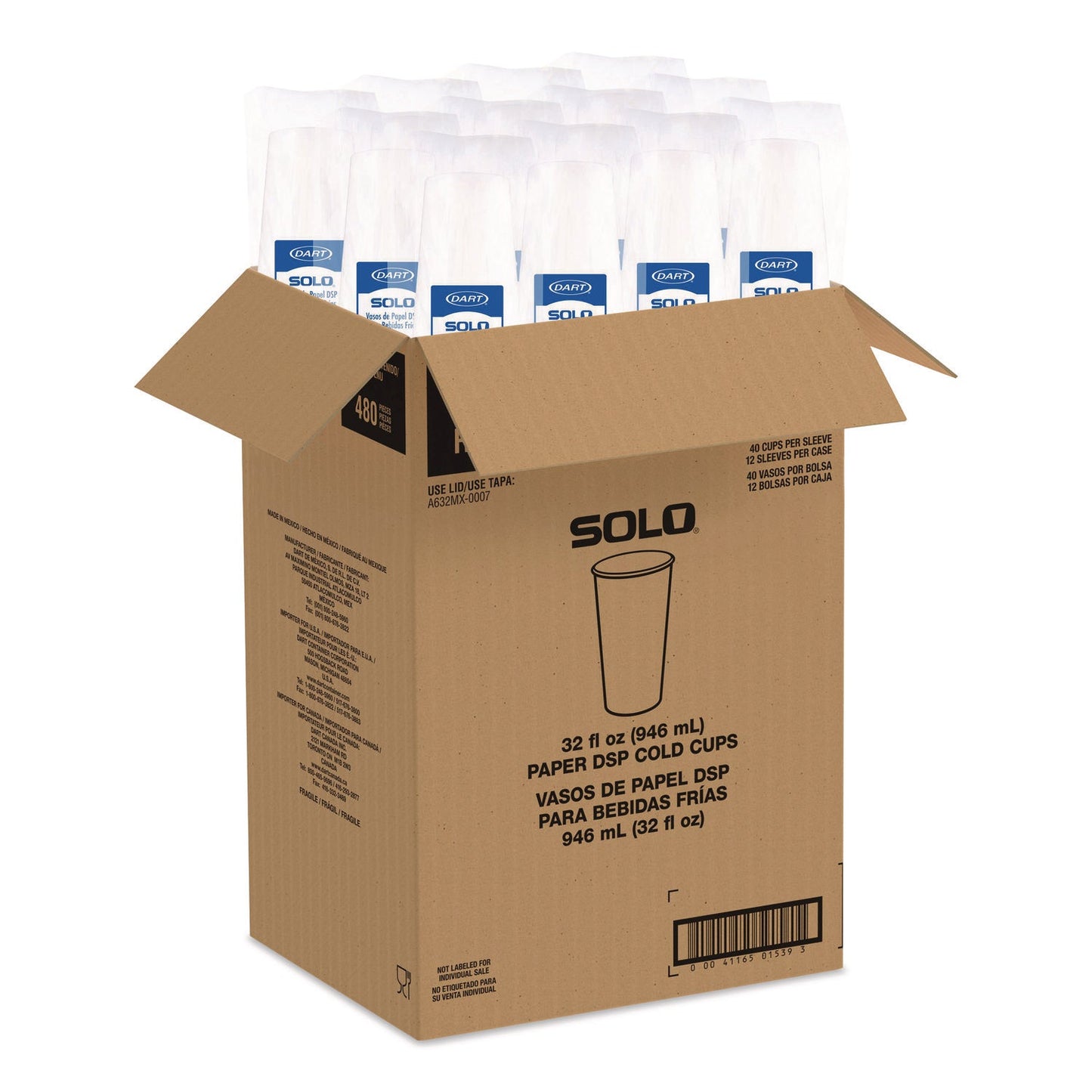 SOLO® Double Sided Poly (DSP) Paper Cold Cups, 28 oz to 32 oz, White, 40 Cups/Sleeve, 12 Sleeves/Carton