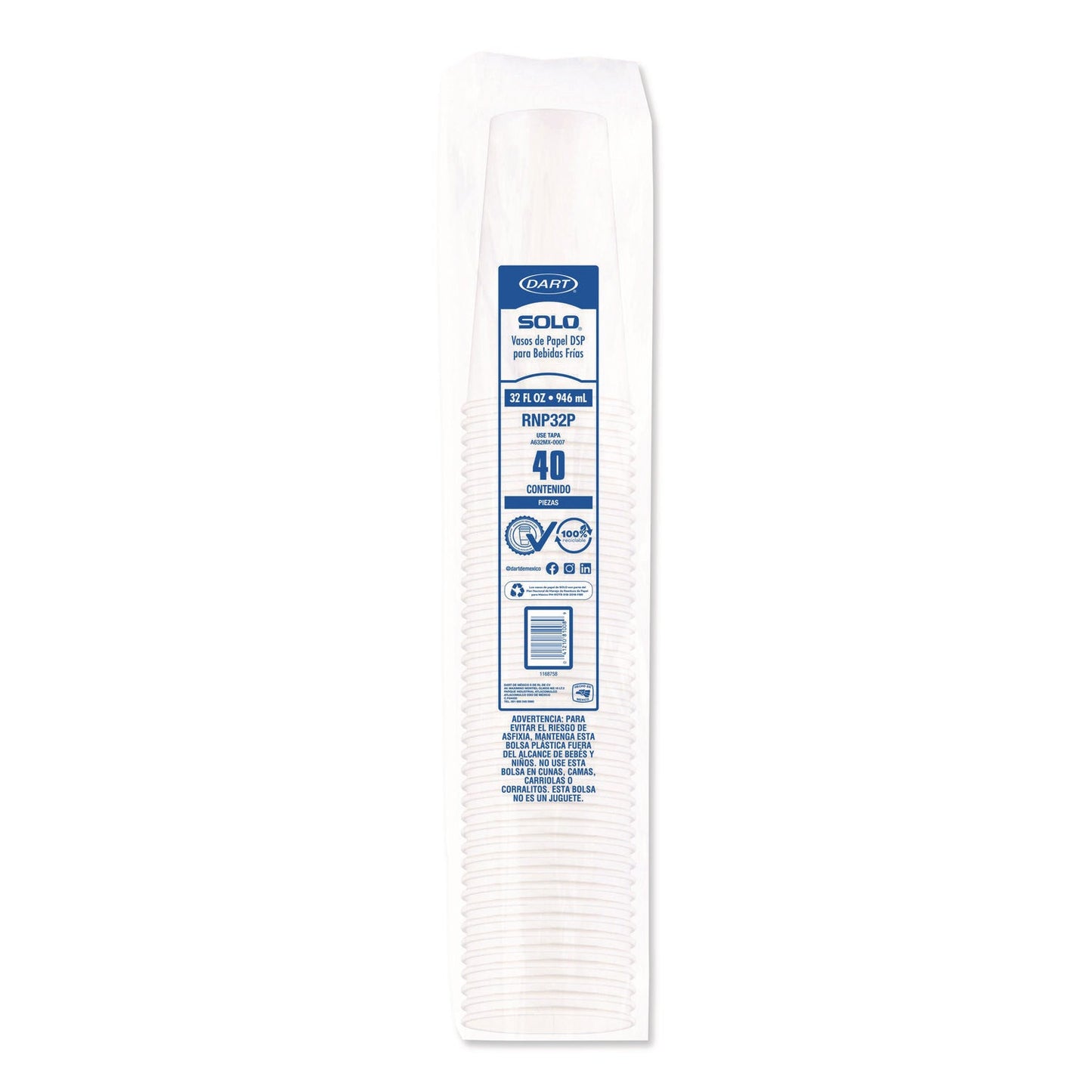 SOLO® Double Sided Poly (DSP) Paper Cold Cups, 28 oz to 32 oz, White, 40 Cups/Sleeve, 12 Sleeves/Carton