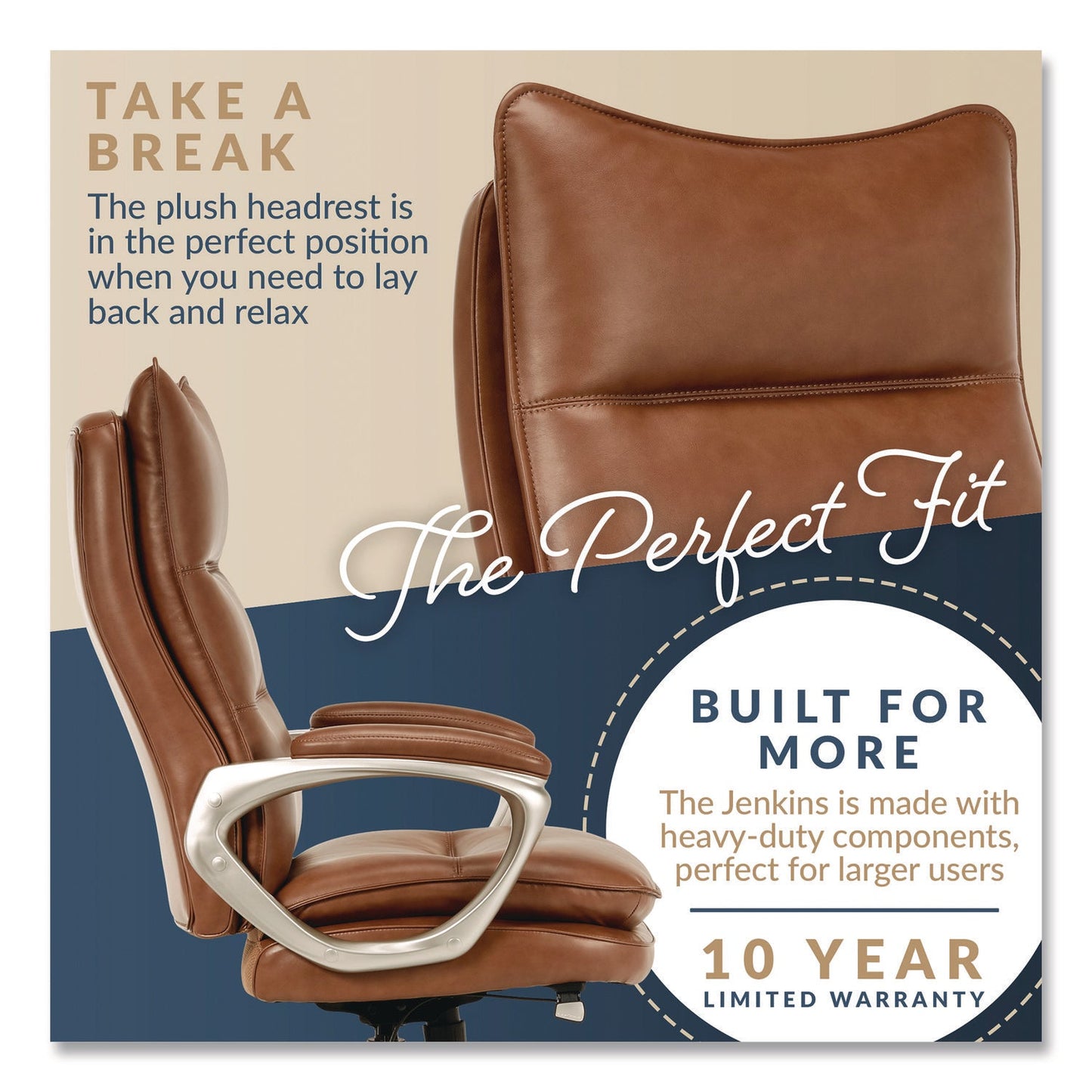La-Z-Boy® Jenkins Executive Big and Tall Chair, Supports Up to 400 lb, 20" to 23" Seat Height, Brown Seat/Back, Silver/Black Base