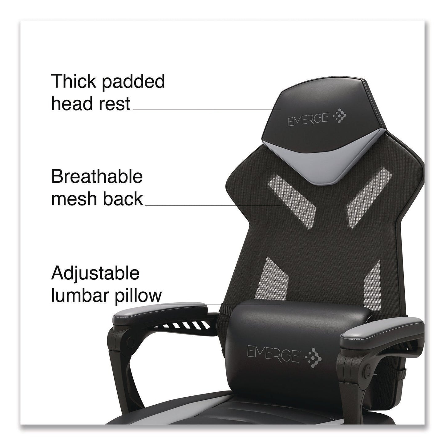Emerge™ Vomax Bonded Leather Gaming Chair, Supports Up to 275 lb, 18.5" to 22.2" Seat Height, Black/Gray Back/Seat, Black Base