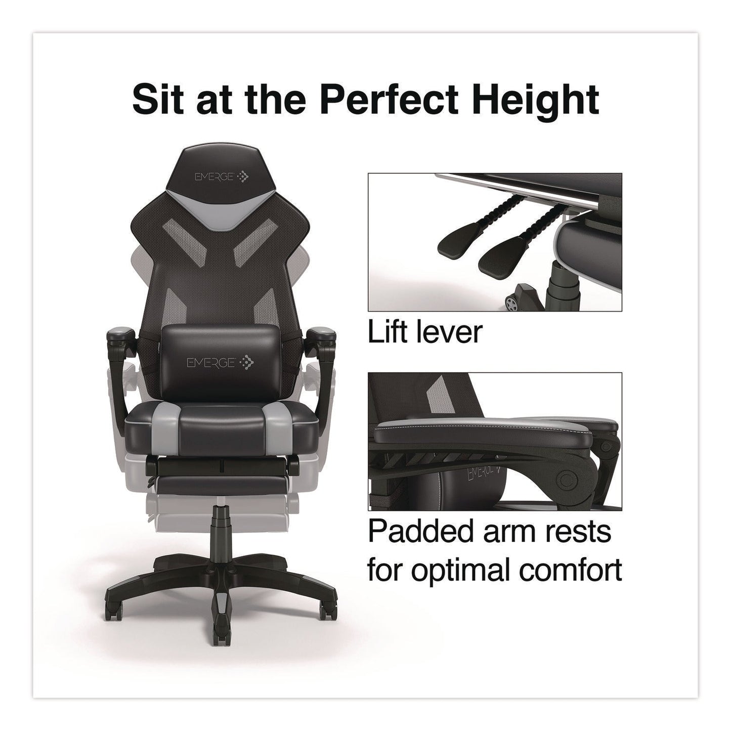 Emerge™ Vomax Bonded Leather Gaming Chair, Supports Up to 275 lb, 18.5" to 22.2" Seat Height, Black/Gray Back/Seat, Black Base