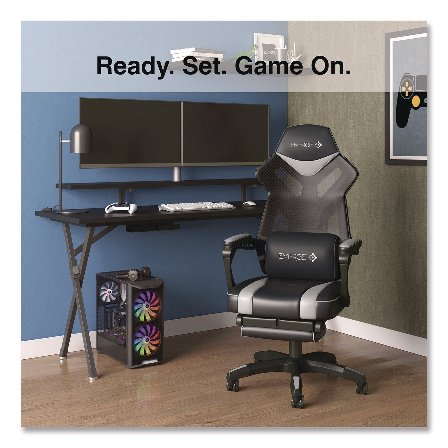 Emerge™ Vomax Bonded Leather Gaming Chair, Supports Up to 275 lb, 18.5" to 22.2" Seat Height, Black/Gray Back/Seat, Black Base