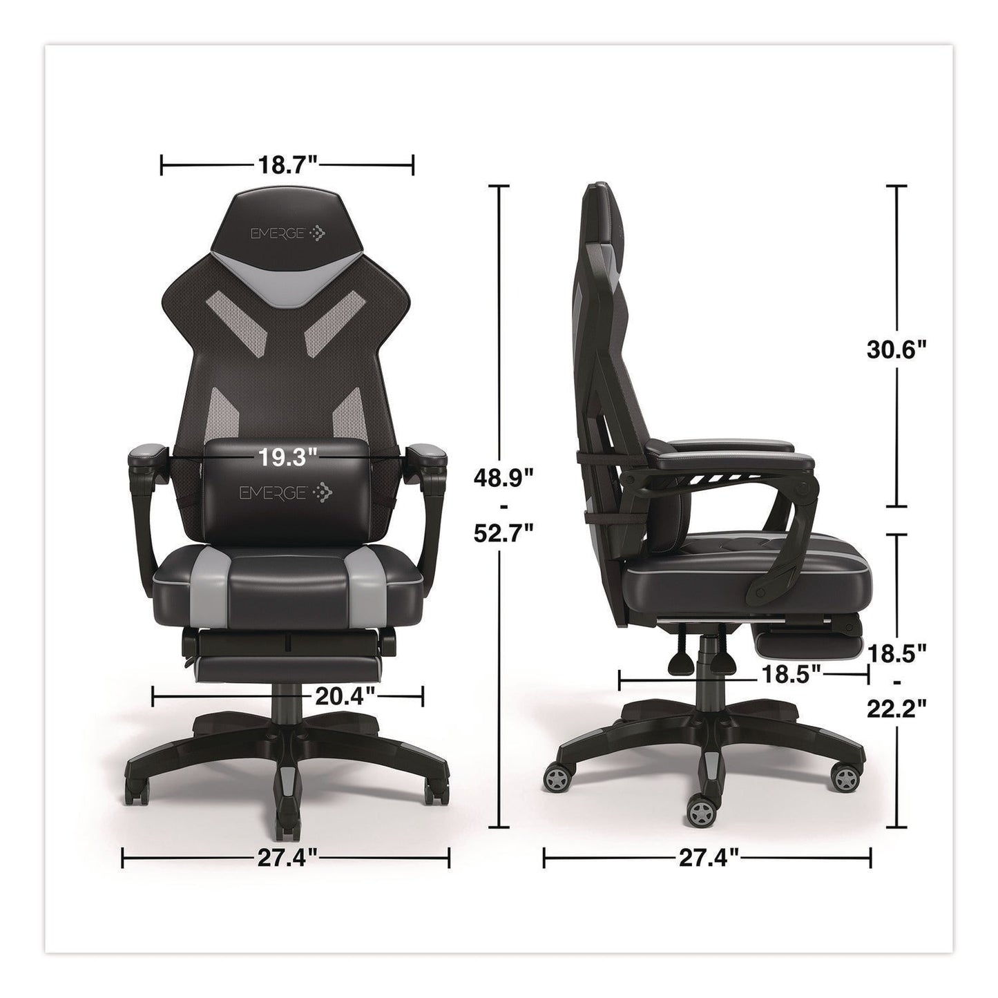 Emerge™ Vomax Bonded Leather Gaming Chair, Supports Up to 275 lb, 18.5" to 22.2" Seat Height, Black/Gray Back/Seat, Black Base