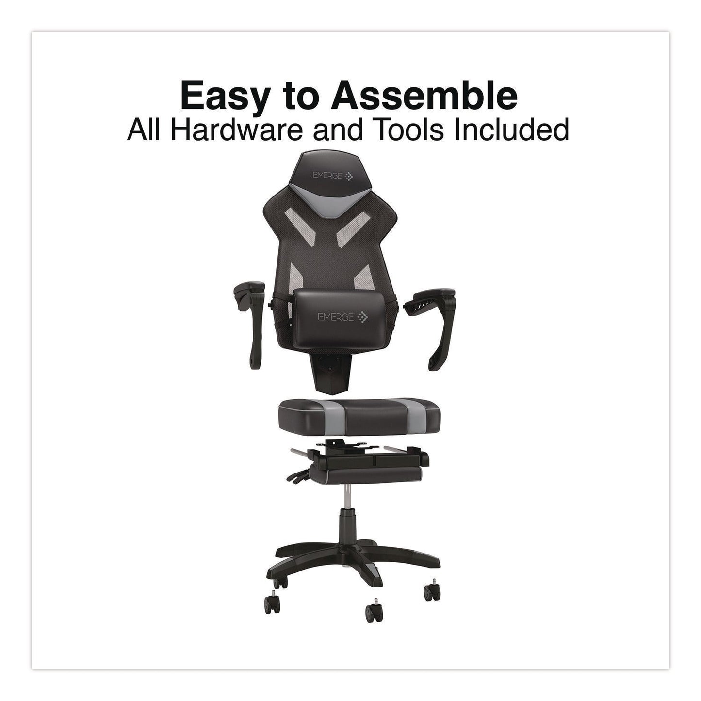 Emerge™ Vomax Bonded Leather Gaming Chair, Supports Up to 275 lb, 18.5" to 22.2" Seat Height, Black/Gray Back/Seat, Black Base