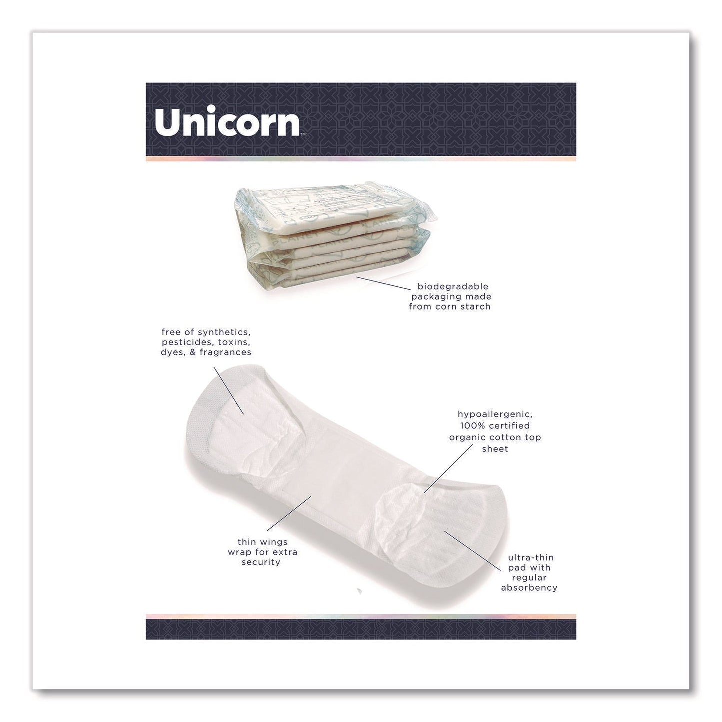Unicorn™ Cotton Maxi Pads with Wings, Regular Absorbency, 40 Pads/Cartridge, 6 Cartridges/Pack