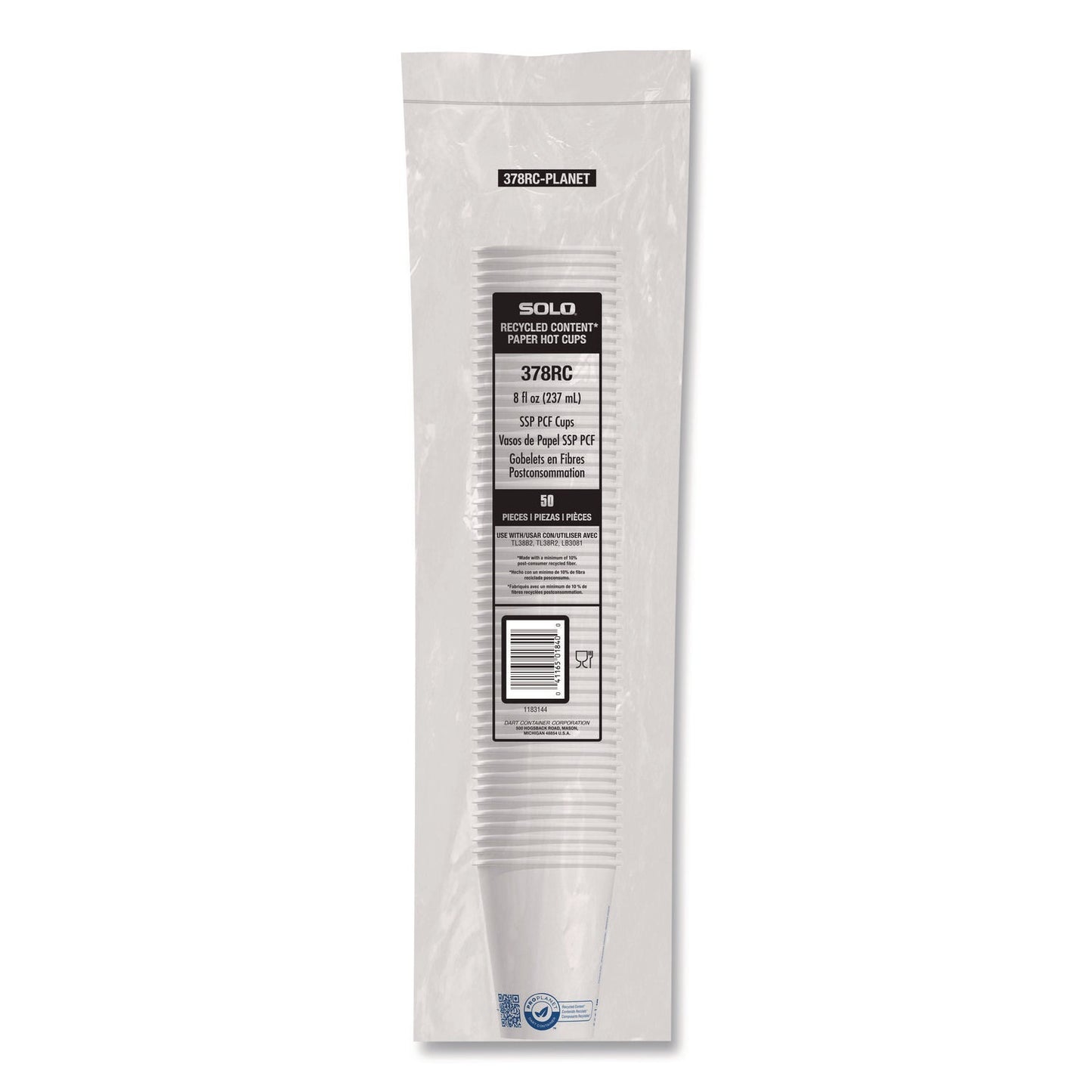SOLO® Recycled Content PCF Paper Hot Cups, ProPlanet Seal, 8 oz, White, 50/Pack
