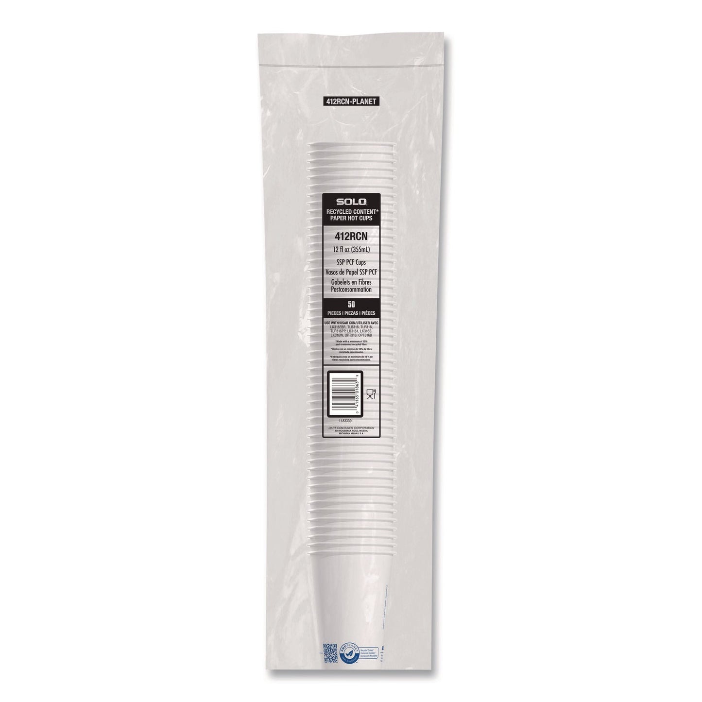 SOLO® Recycled Content PCF Paper Hot Cups, ProPlanet Seal, 12 oz, White, 50/Pack