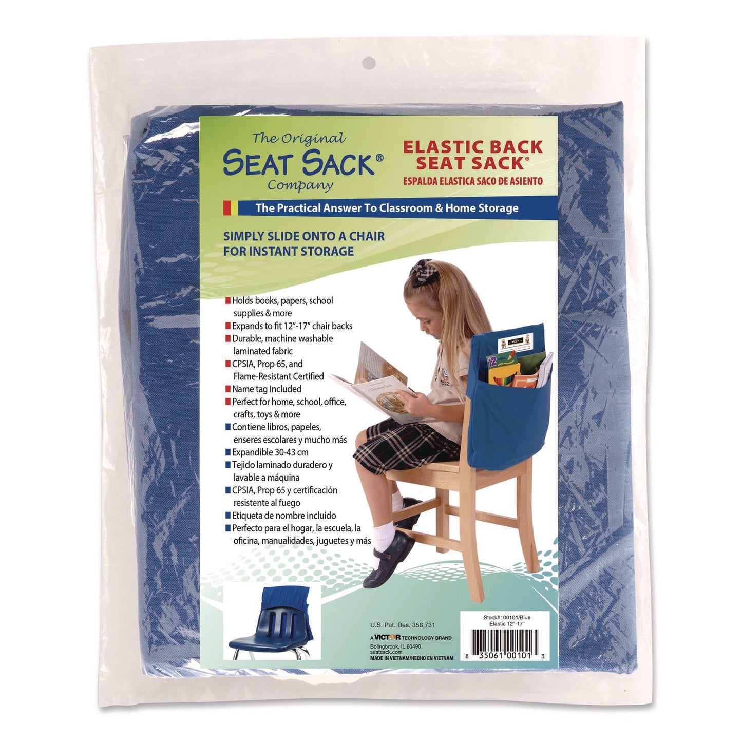 Victor® Elastic-Back Seat Sack for Chairs 12" to 17" Wide, 11 x 16 x 14, Fabric, Blue