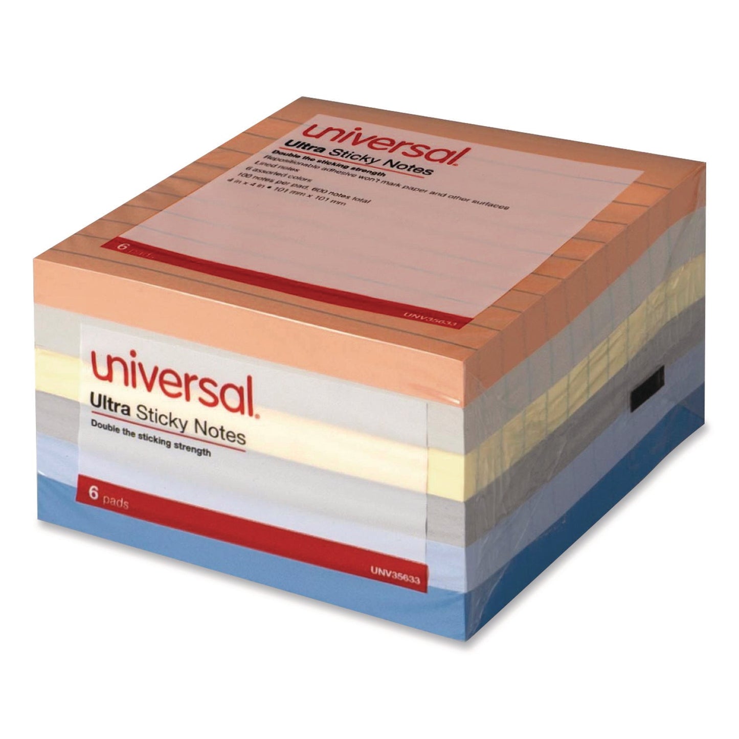 Universal® Ultra Sticky Note Pads, Note Ruled, 4" x 4", Assorted Colors, 100 Sheets/Pad, 6 Pads/Pack