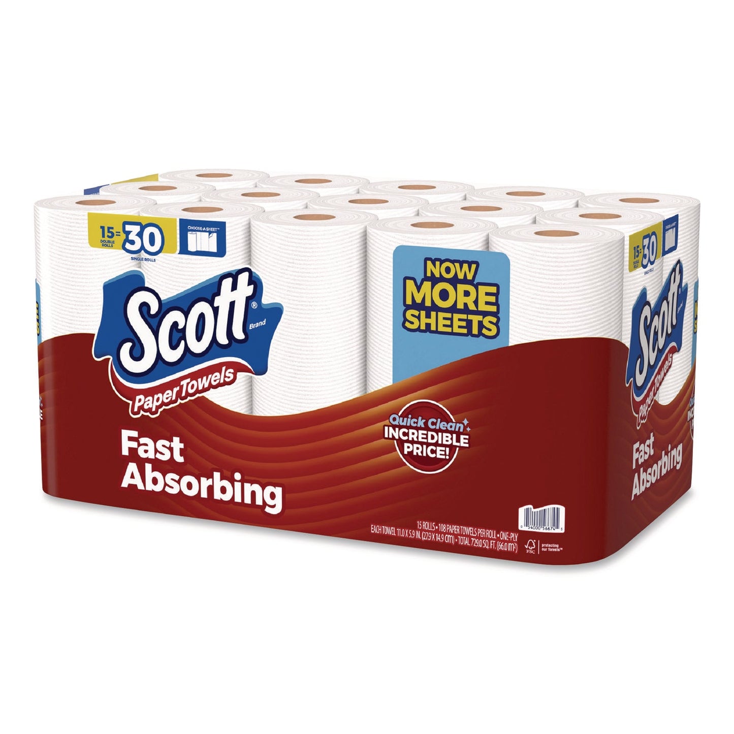 Scott® Choose-A-Sheet Mega Kitchen Roll Paper Towels, 1-Ply, 7.31 x 11, White, 108 Sheets/Roll, 15 Rolls/Pack, 2 Packs/Carton