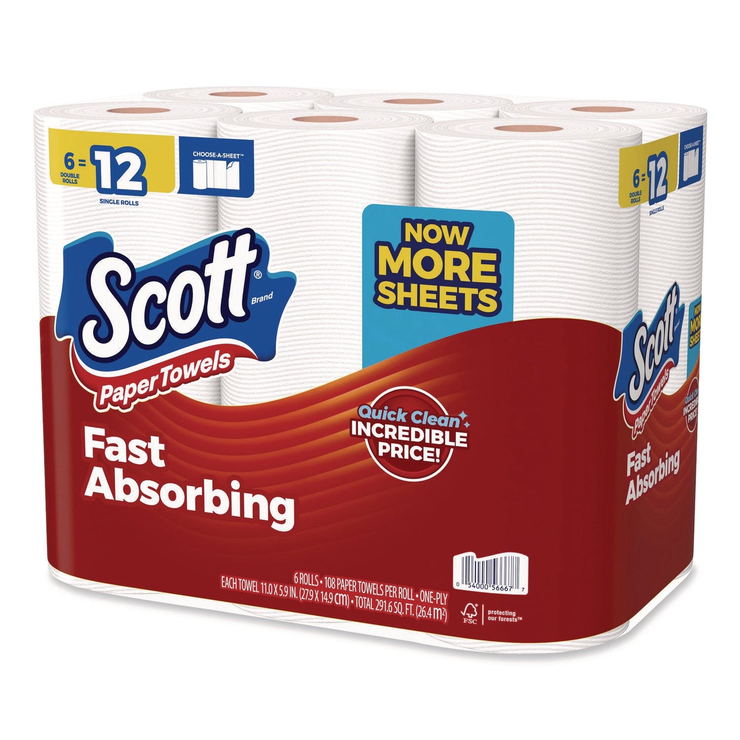 Scott® Choose-a-Size Mega Kitchen Roll Paper Towels, 1-Ply, 108/Roll, 6 Rolls/Pack, 4 Packs/Carton