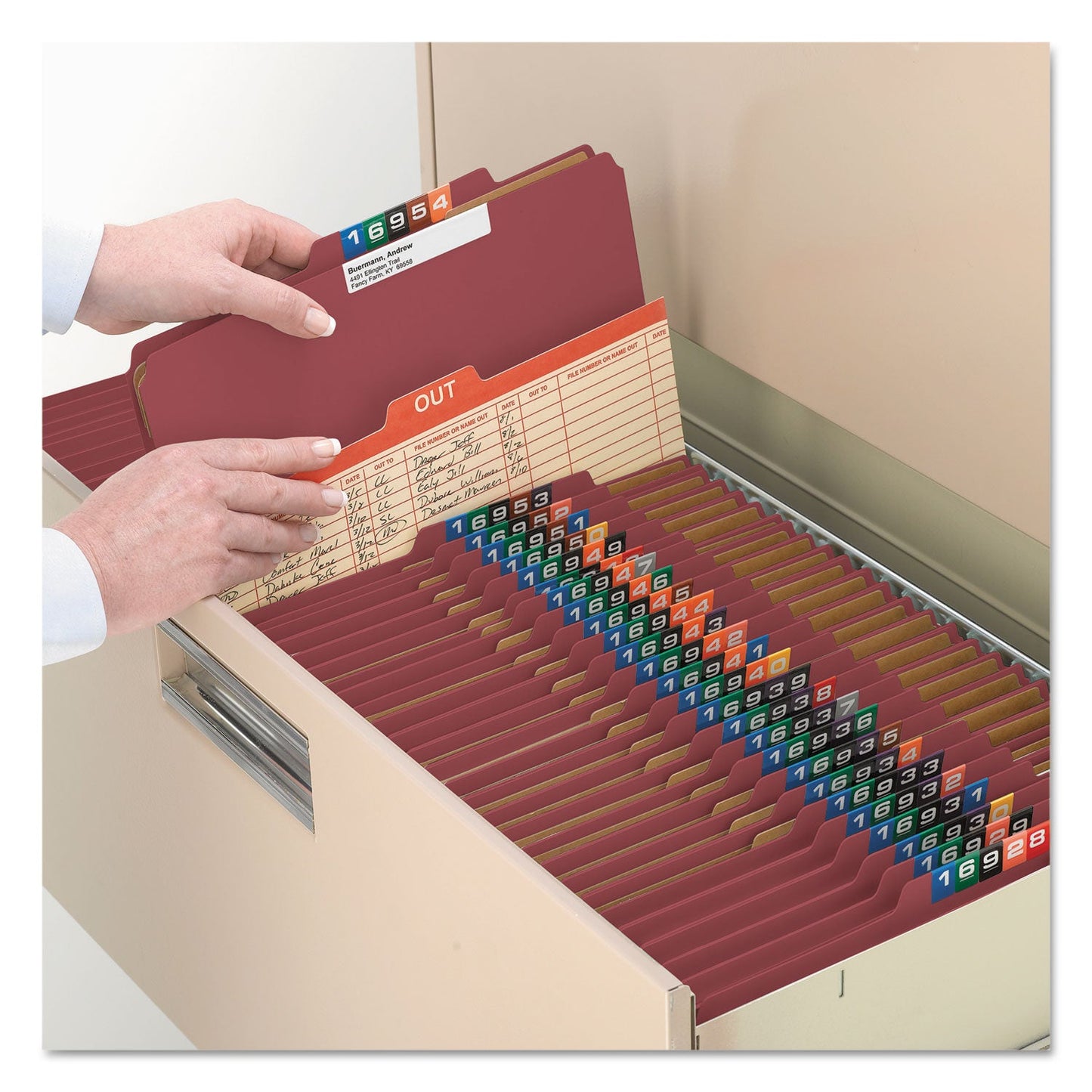 Smead Pressboard Classification Folders, Eight SafeSHIELD Fasteners, 2/5-Cut Tabs, 3 Dividers, Legal Size, Red, 10/Box
