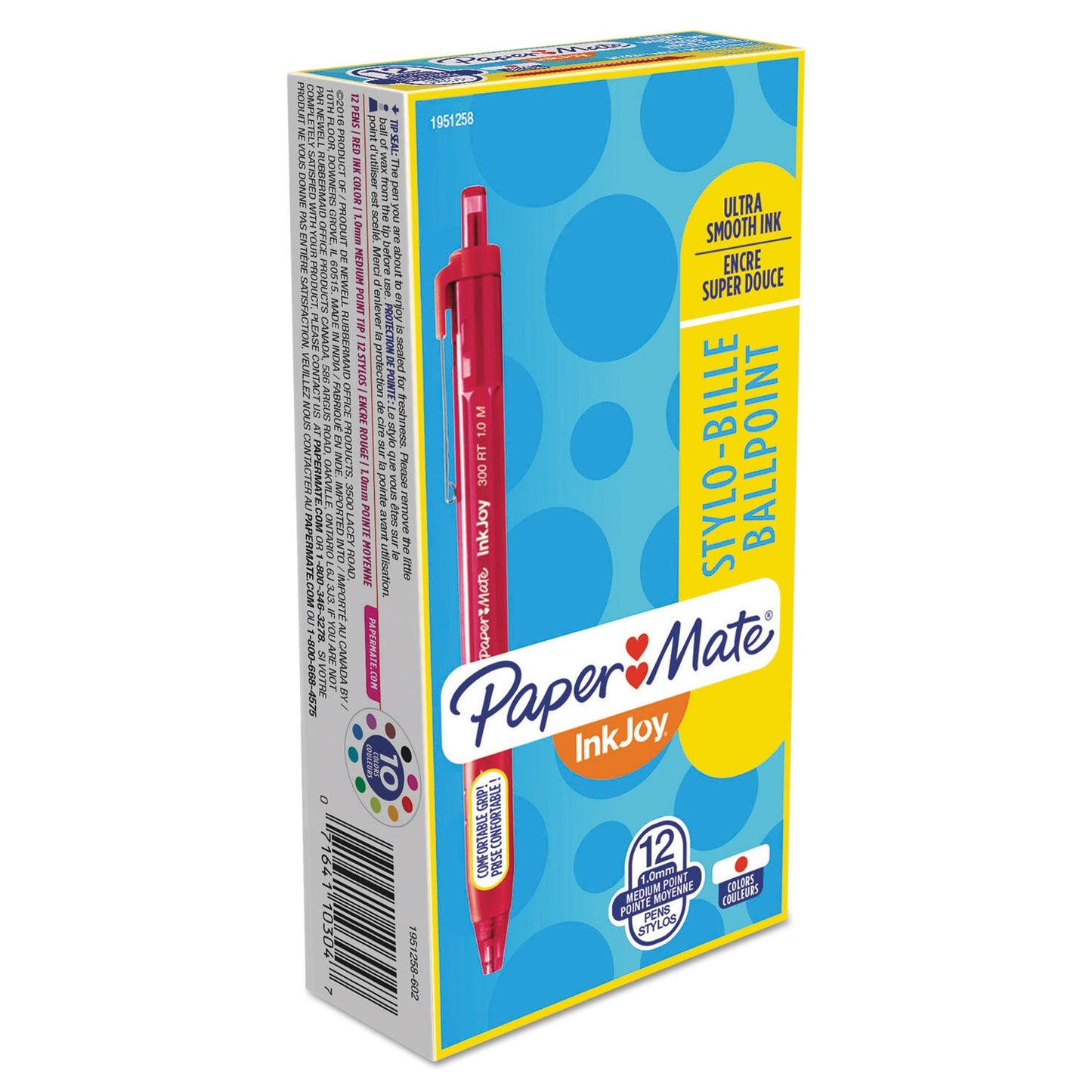 Paper Mate® InkJoy 300 RT Ballpoint Pen, Retractable, Medium 1 mm, Red Ink, Red Barrel, Dozen