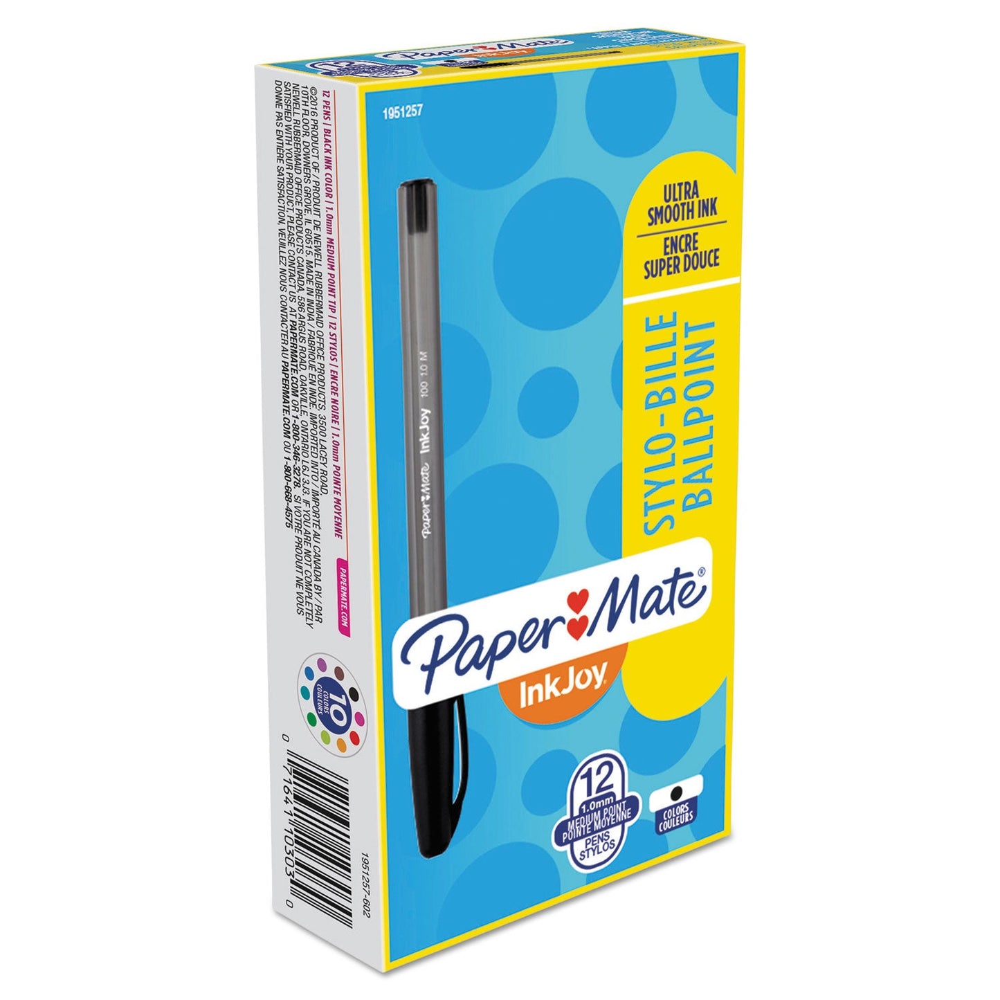 Paper Mate® InkJoy 100 Ballpoint Pen, Stick, Medium 1 mm, Black Ink, Smoke/Black Barrel, Dozen