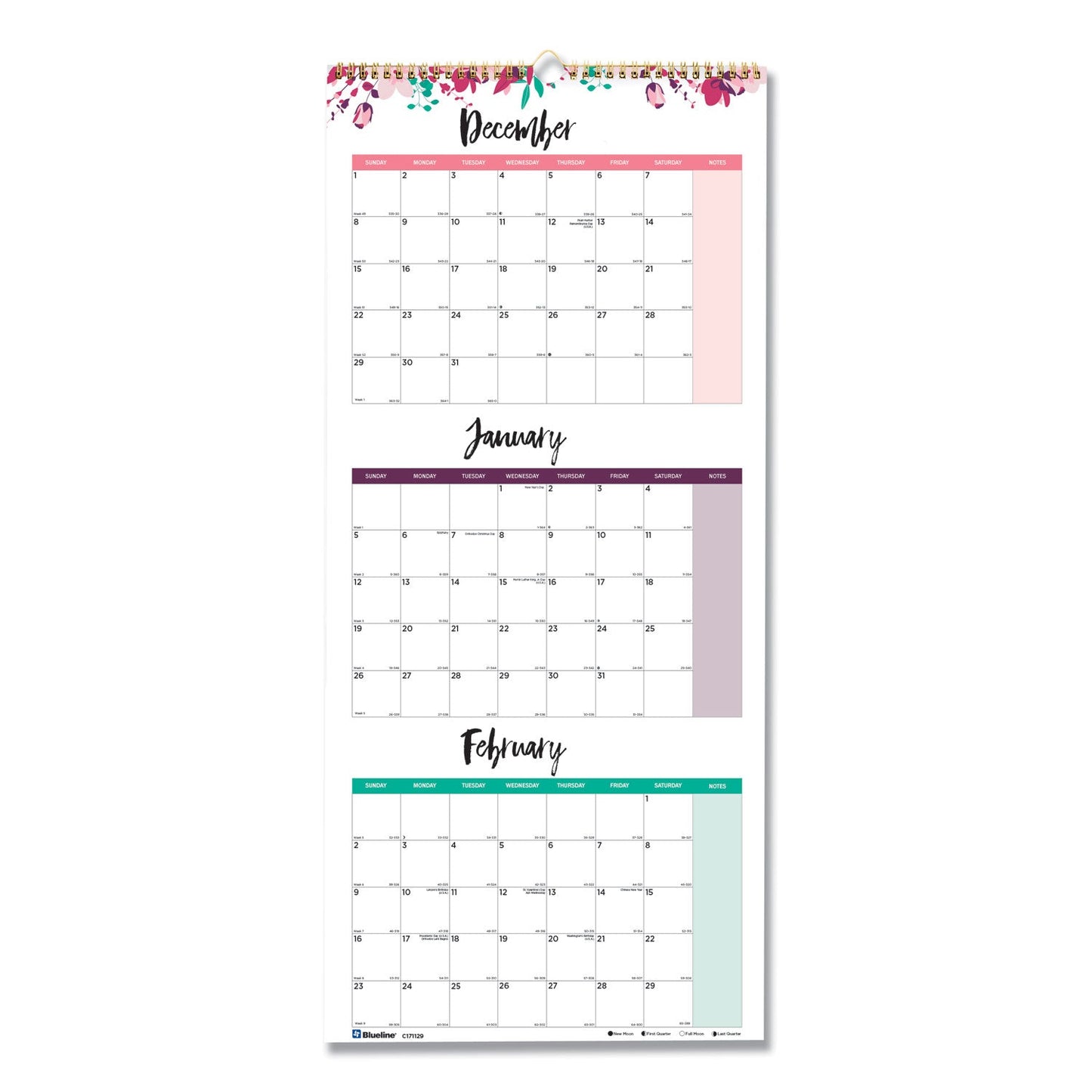 Blueline® 3-Month Wall Calendar, Colorful Leaves Artwork, 12.25 x 27, White/Multicolor Sheets, 14-Month (Dec to Jan): 2025