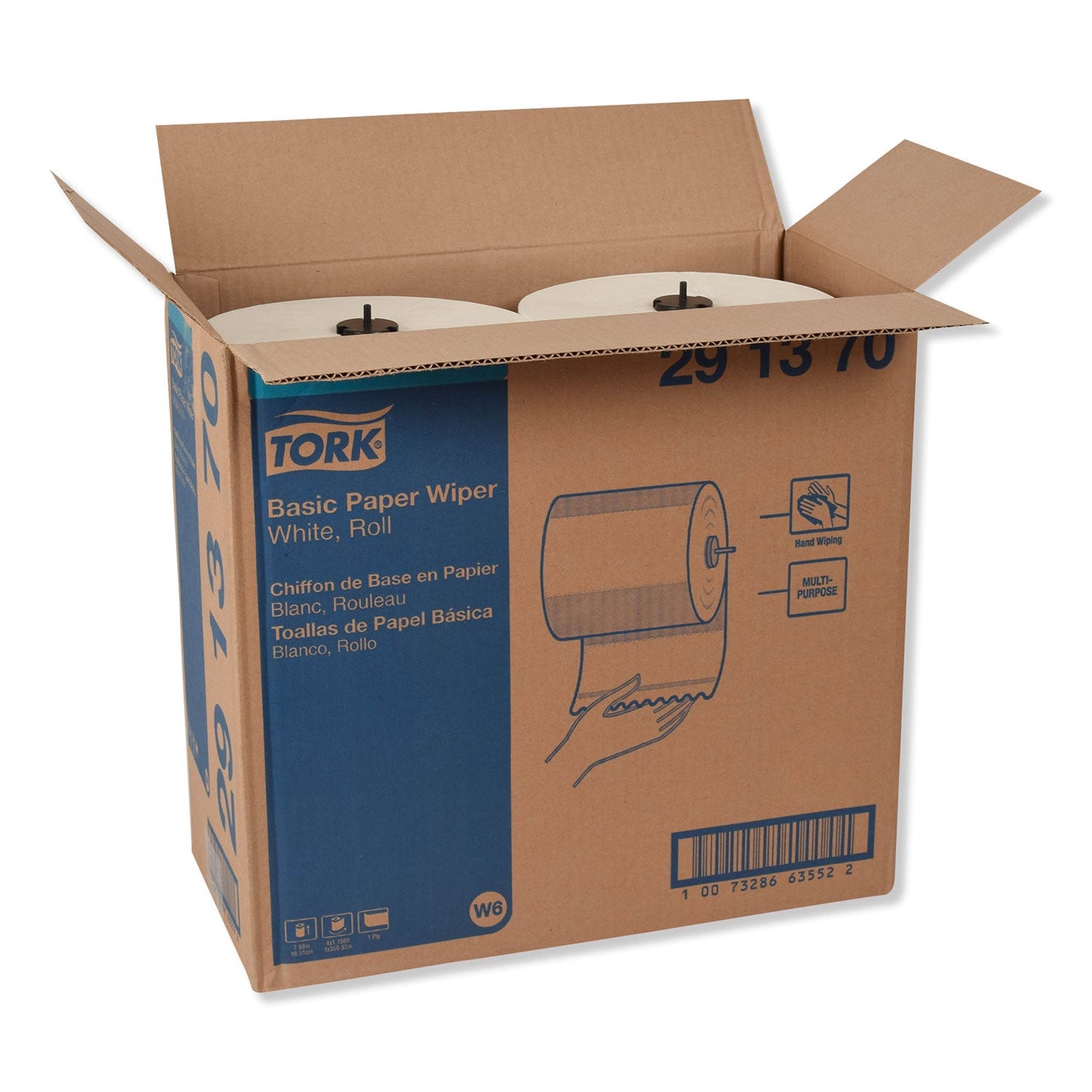 Tork® Basic Paper Wiper Roll Towel, 1-Ply, 7.68" x 1,150 ft, White, 4 Rolls/Carton