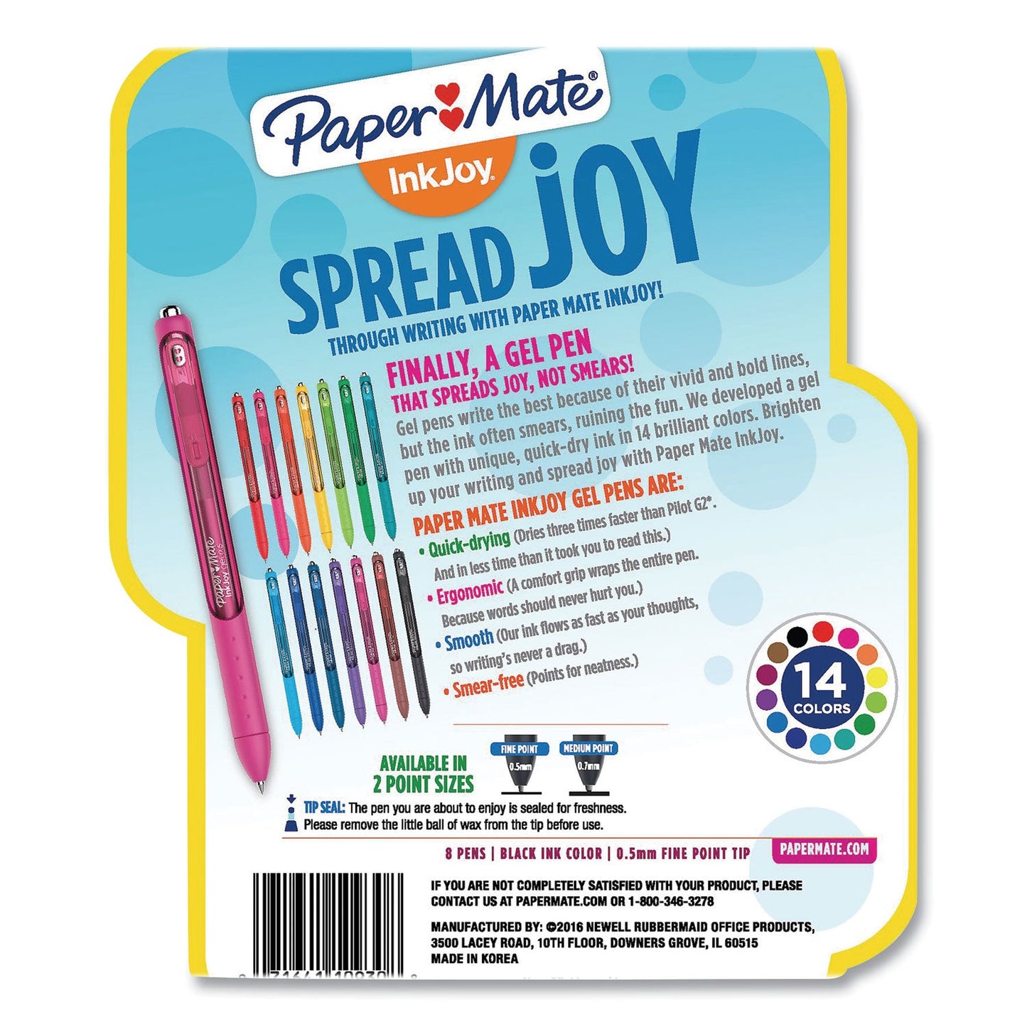 Paper Mate® InkJoy Gel Pen, Retractable, Fine 0.5 mm, Black Ink, Black/Smoke Barrel, 8/Pack