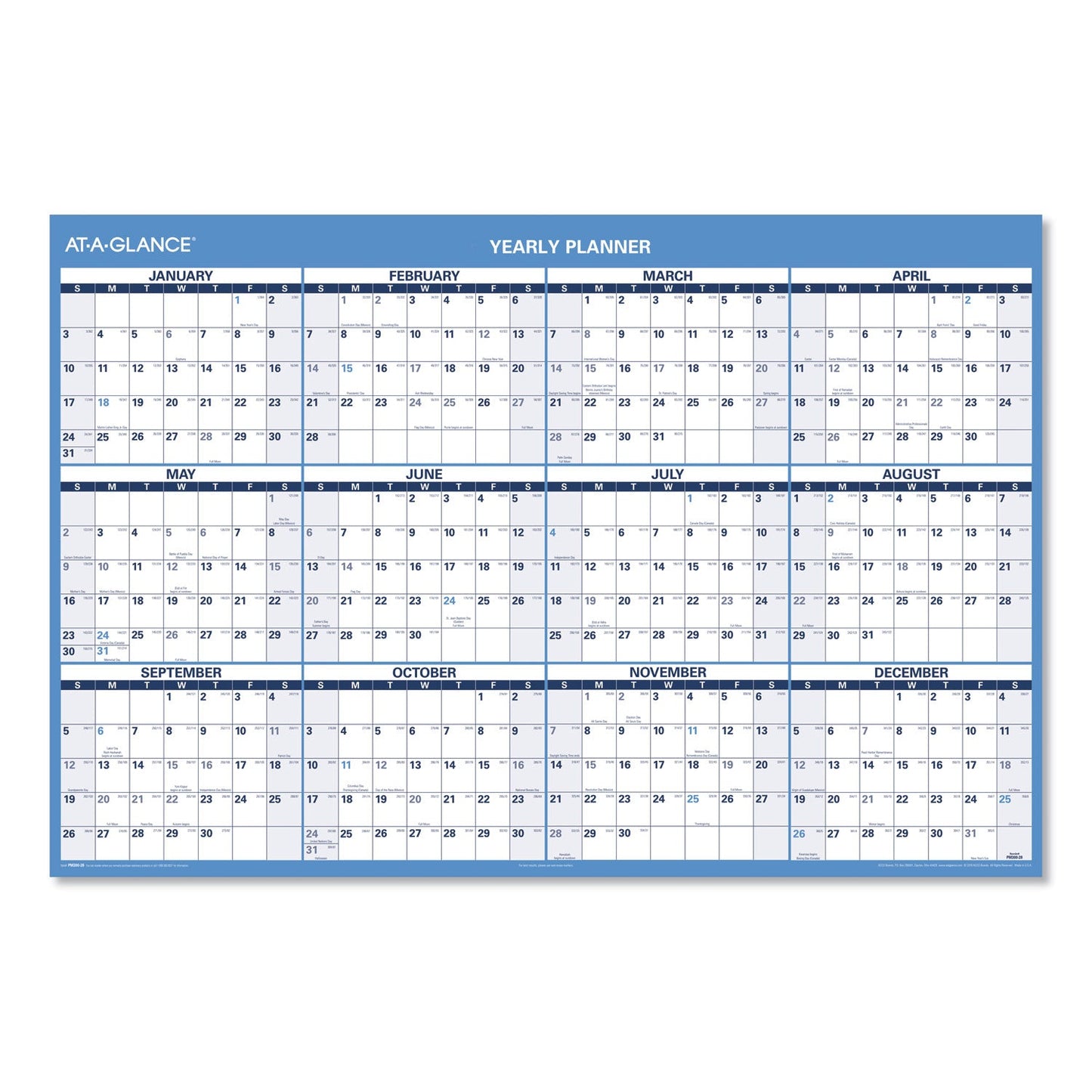 AT-A-GLANCE® Horizontal Reversible/Erasable Wall Planner, 48 x 32, White/Blue Sheets, 12-Month (Jan to Dec): 2025