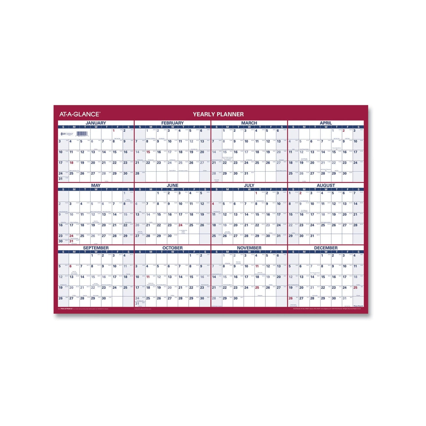 AT-A-GLANCE® Erasable Vertical/Horizontal Wall Planner, 24 x 36, White/Blue/Red Sheets, 12-Month (Jan to Dec): 2025