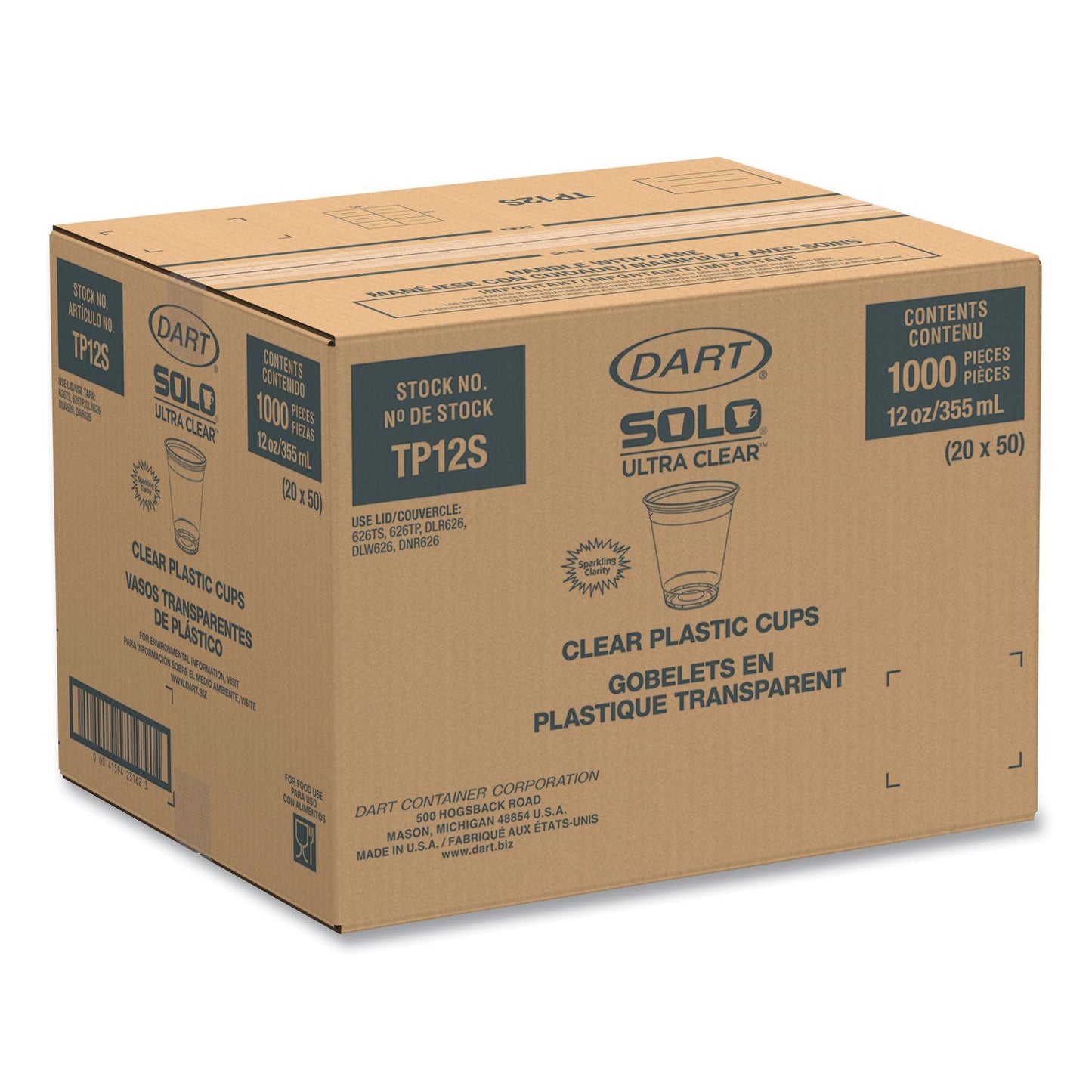 SOLO® Ultra Clear Cups, 12 oz, Plastic, 50/Bag, 20 Bags/Carton