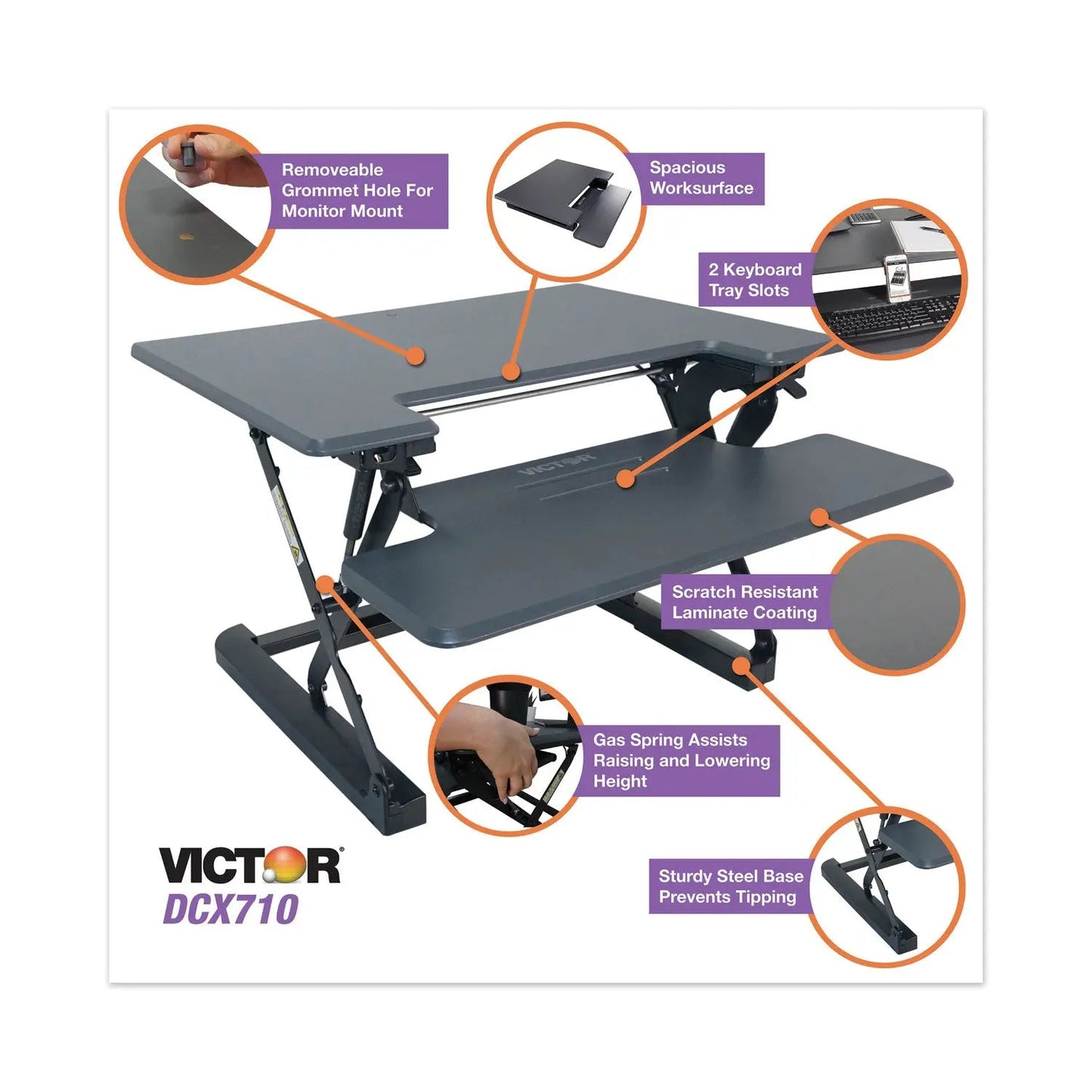 Victor® High Rise Height Adjustable Standing Desk With Keyboard Tray, 31" X 31.25" X 5.25" To 20", Gray/black