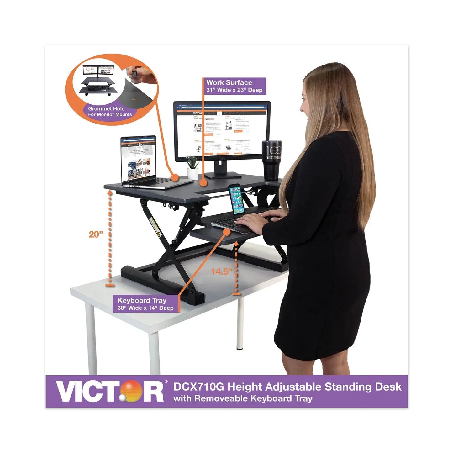 Victor® High Rise Height Adjustable Standing Desk With Keyboard Tray, 31" X 31.25" X 5.25" To 20", Gray/black