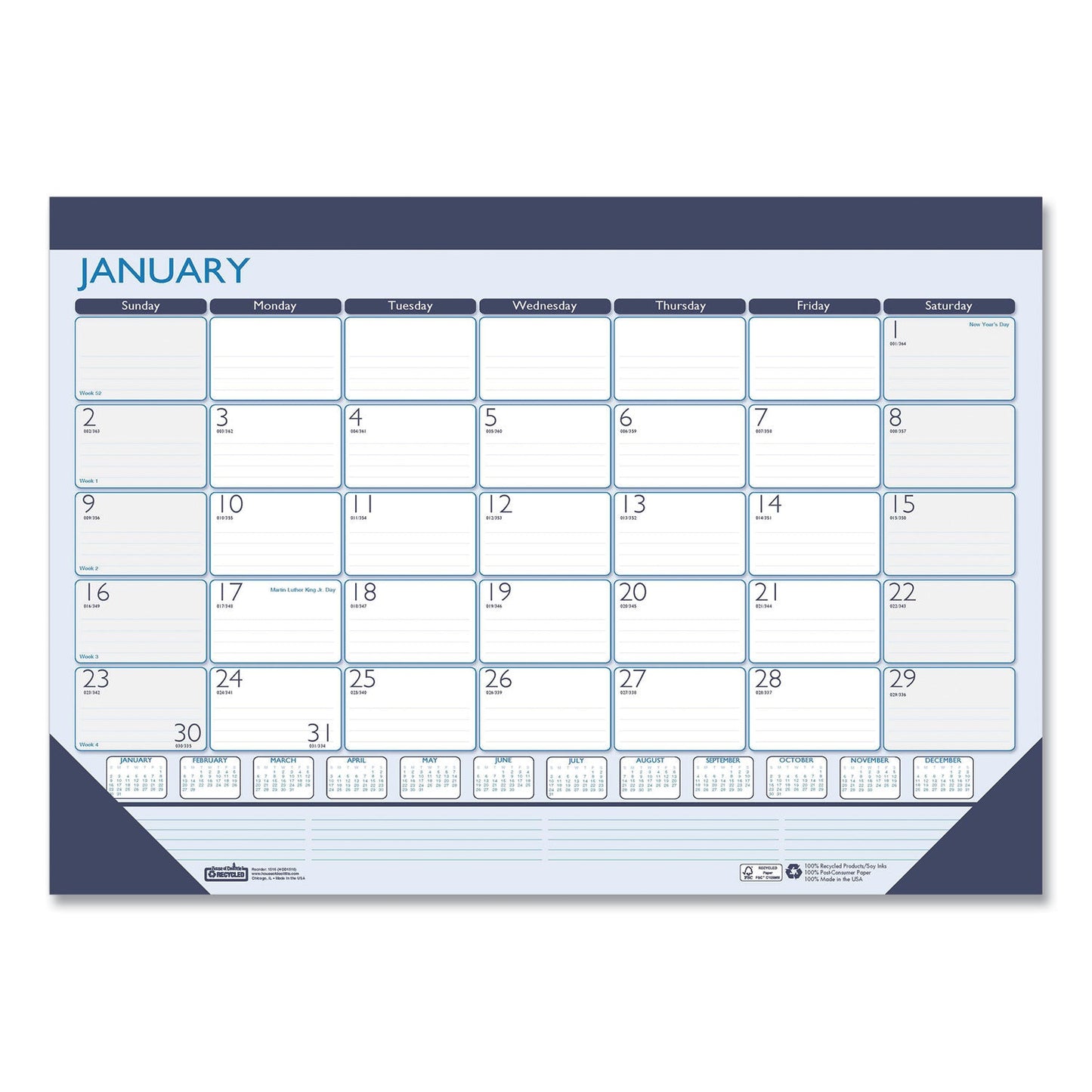 House of Doolittle™ Recycled Contempo Desk Pad Calendar, 22 x 17, White/Blue Sheets, Blue Binding, Blue Corners, 12-Month (Jan to Dec): 2025