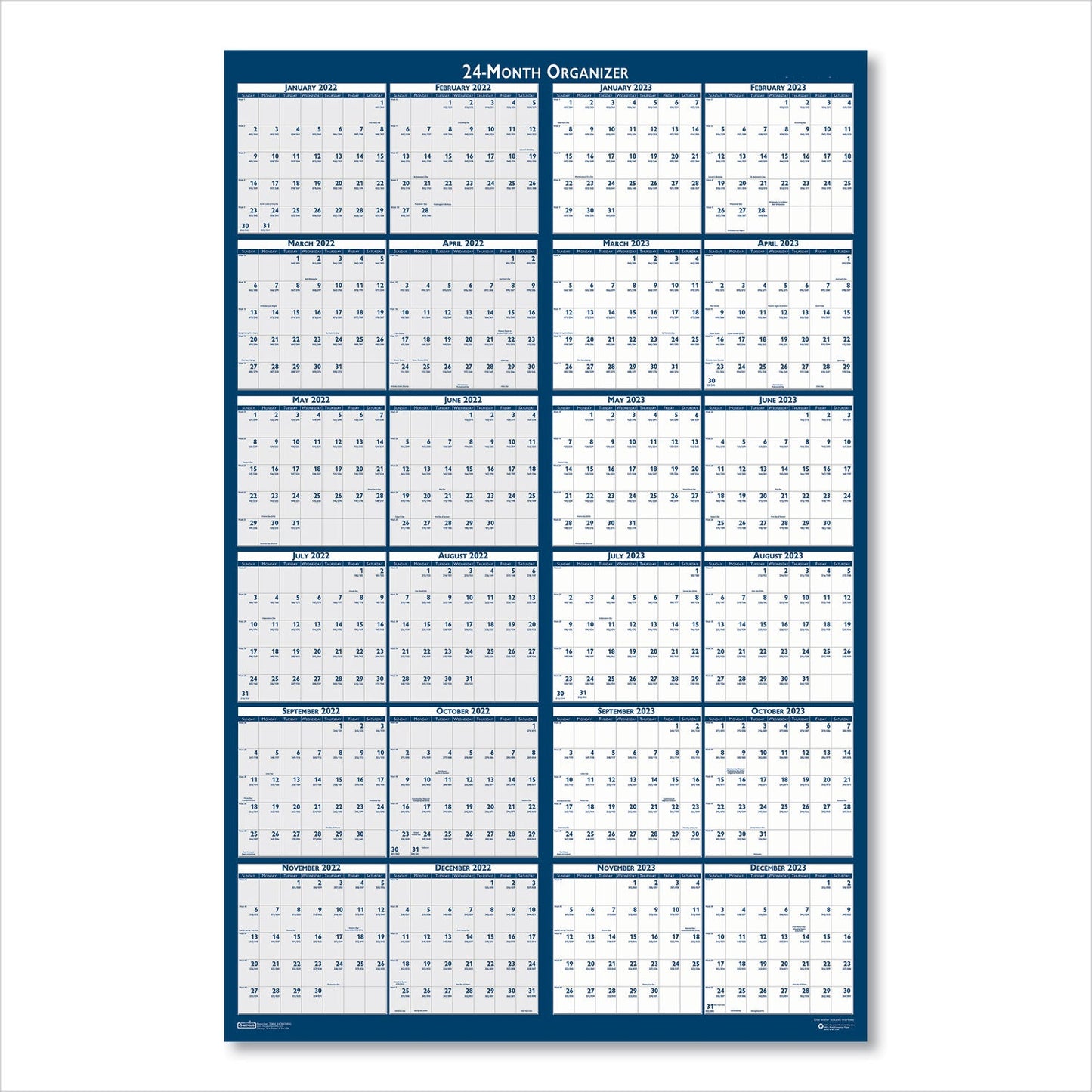 House of Doolittle™ Reversible/Erasable Two-Year Wall Calendar, 24 x 37, Light Blue/Blue/White Sheets, 24-Month: Jan 2025 to Dec 2026