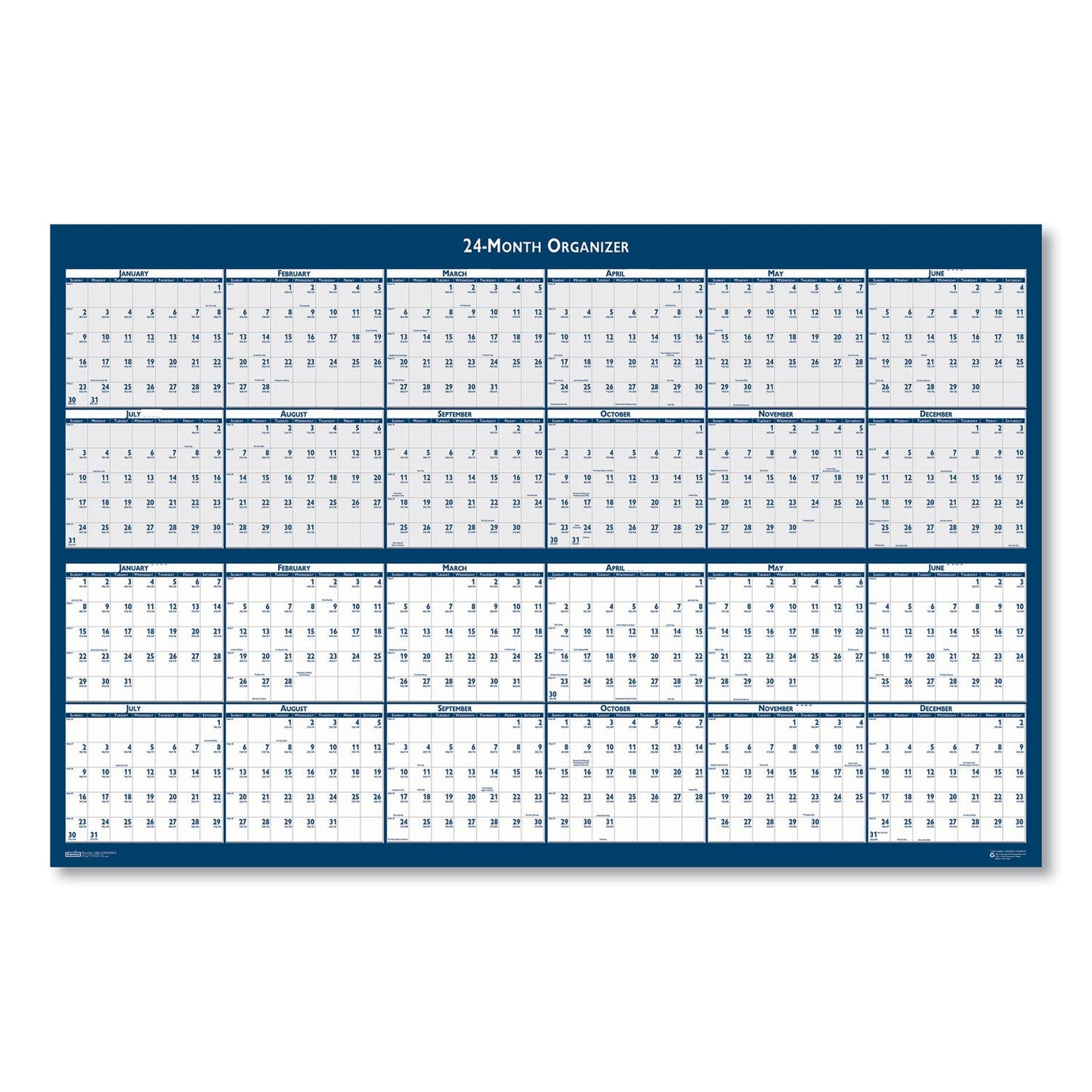 House of Doolittle™ Reversible/Erasable Two-Year Wall Calendar, 24 x 37, Light Blue/Blue/White Sheets, 24-Month: Jan 2025 to Dec 2026