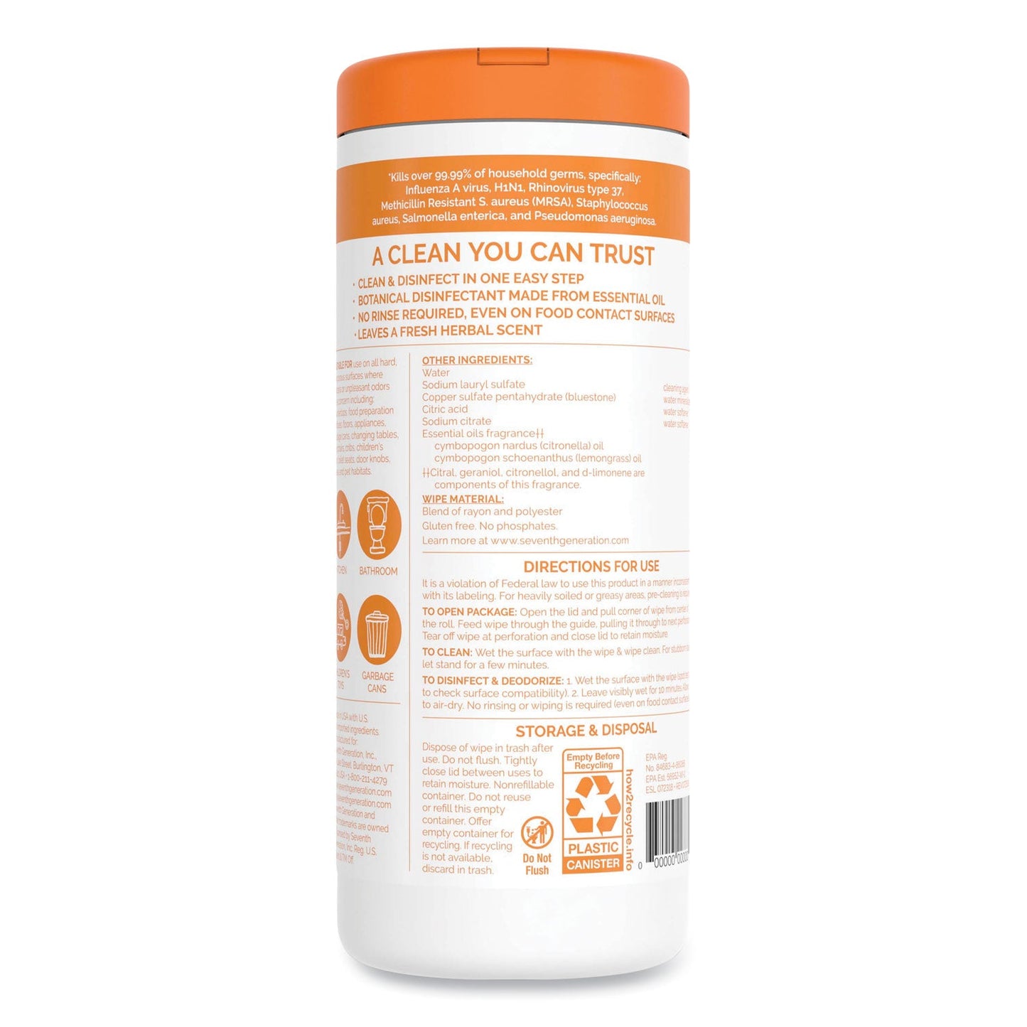 Seventh Generation® Botanical Disinfecting Wipes, 7 x 8, Lemongrass Citrus, White, 35 Wipes