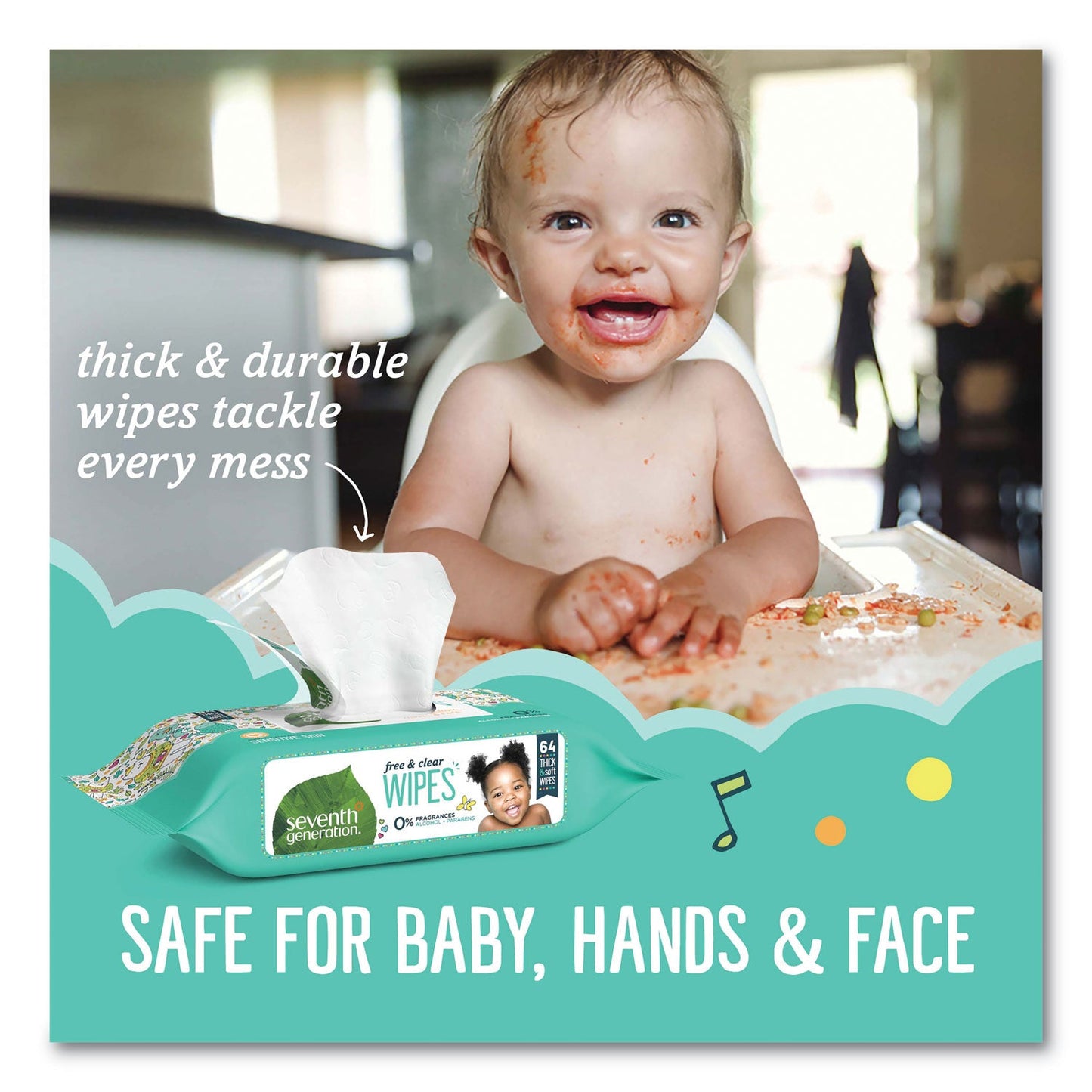 Seventh Generation® Free and Clear Baby Wipes, 7 x 7, Refill, Unscented, White, 256/Pack, 3 Packs/Carton