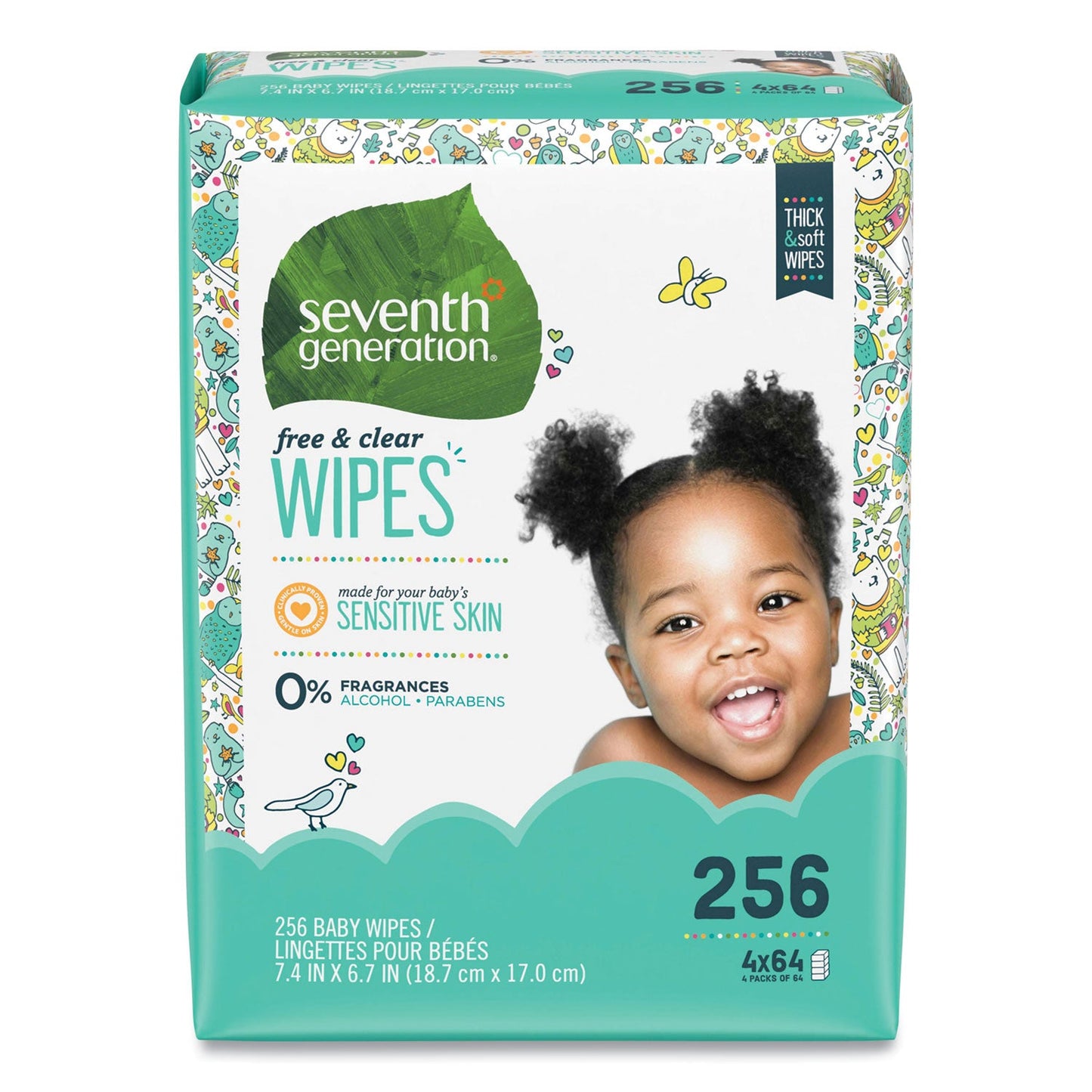 Seventh Generation® Free and Clear Baby Wipes, Refill, 7 x 7, Unscented, White, 256/Pack