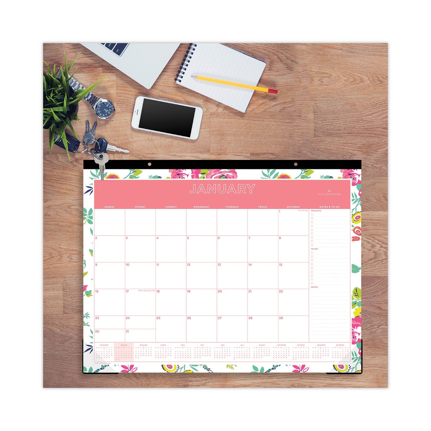 Blue Sky® Day Designer Peyton Desk Pad Calendar, Floral Artwork, 22 x 17, Black Binding, Clear Corners, 12-Month (Jan to Dec): 2025