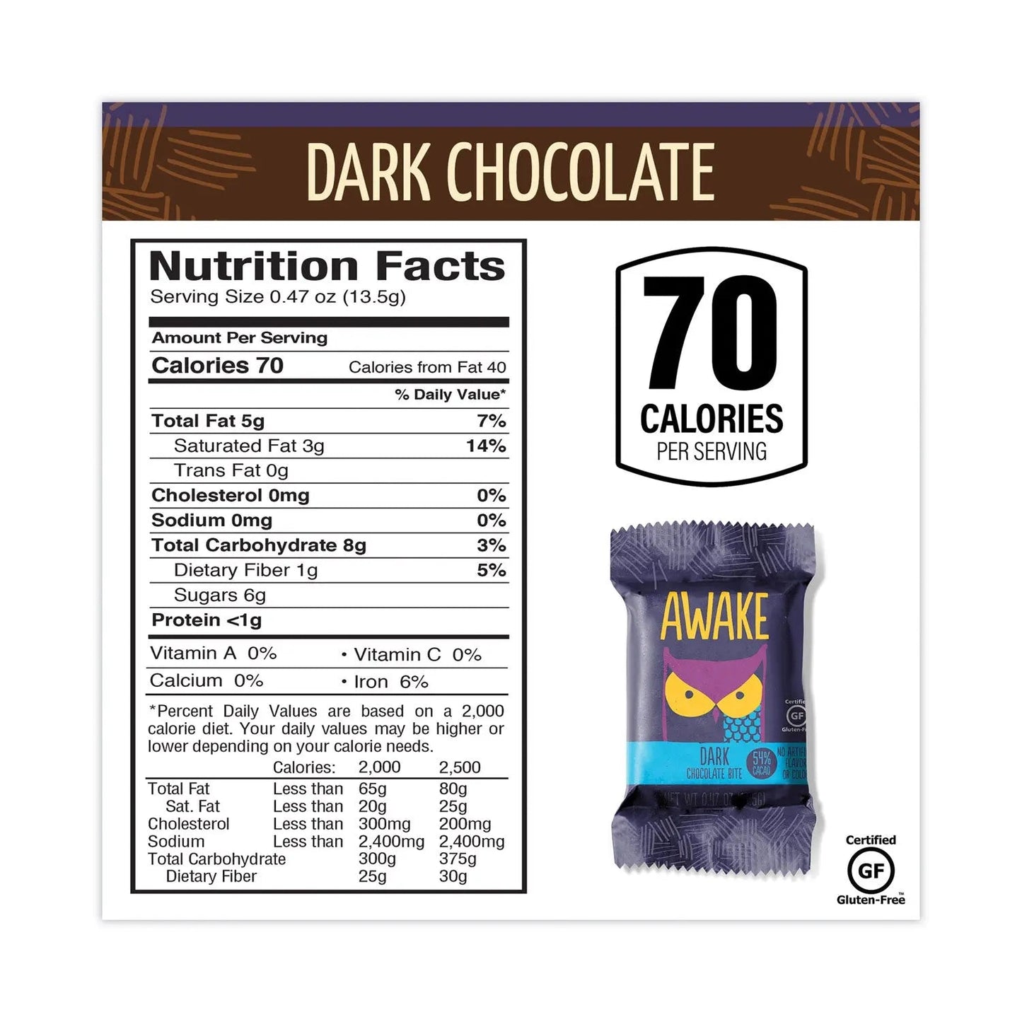 Awake Caffeinated Dark Chocolate Bites, 0.47 oz Bars, 50 Bars/Carton