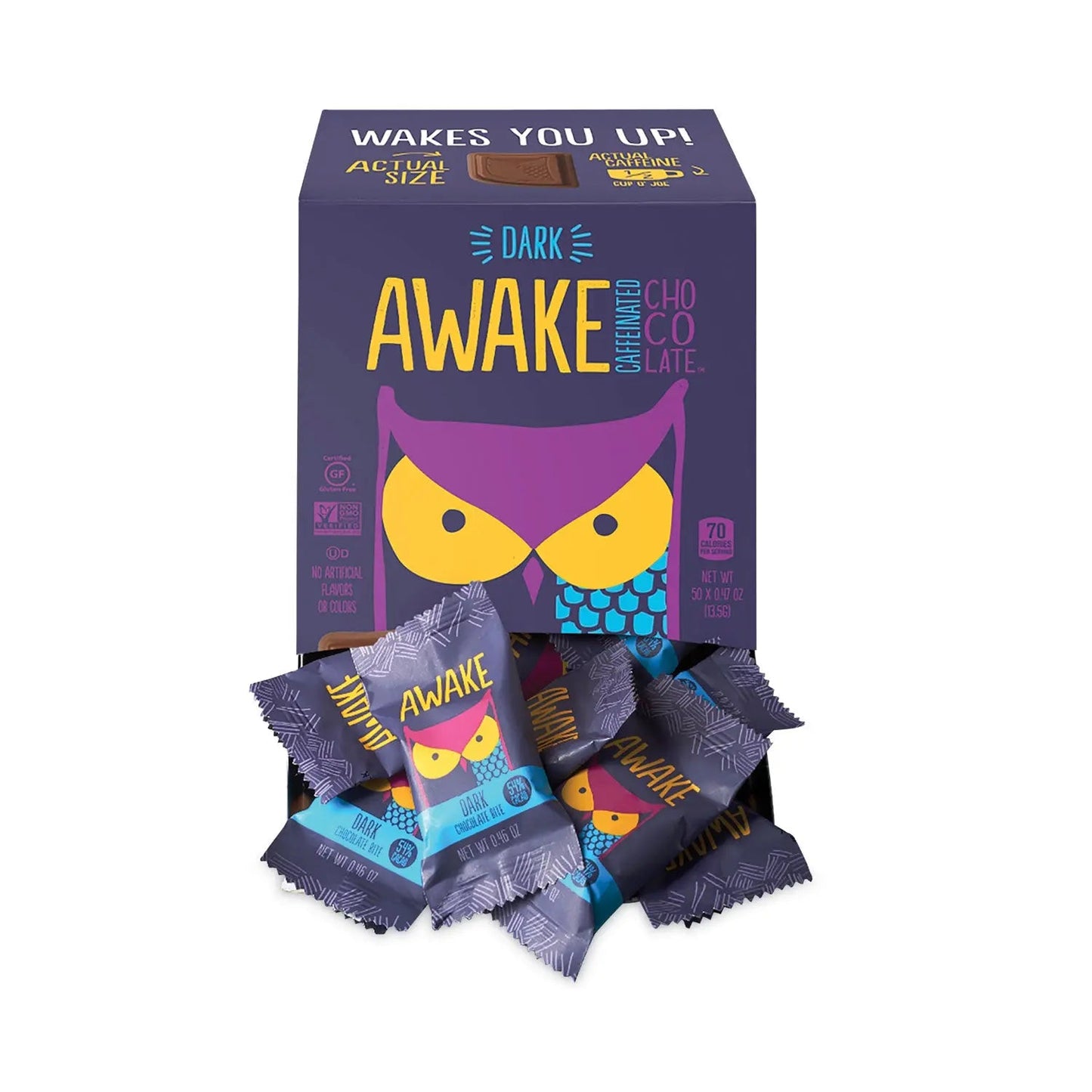 Awake Caffeinated Dark Chocolate Bites, 0.47 oz Bars, 50 Bars/Carton