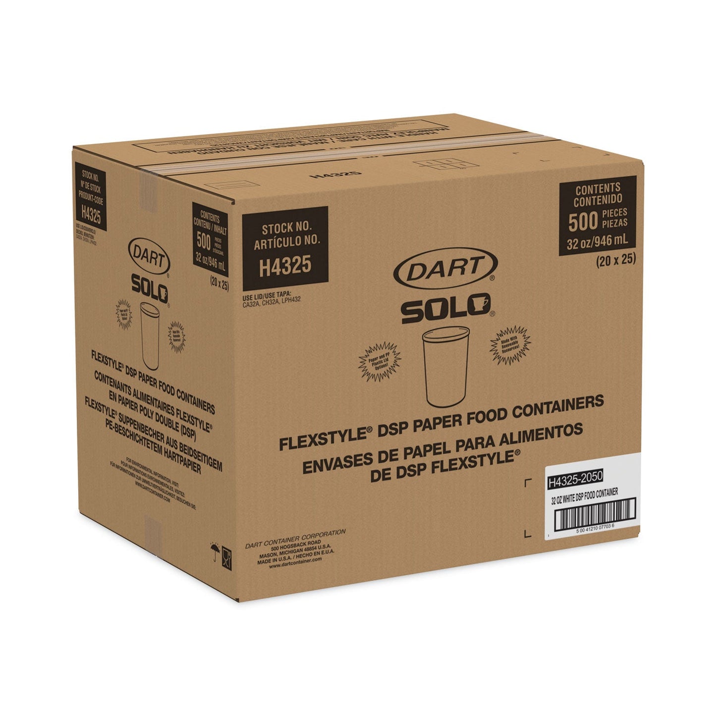 SOLO® Flexstyle Double Poly Paper Containers, 32 oz, White, Paper, 25/Pack, 20 Packs/Carton