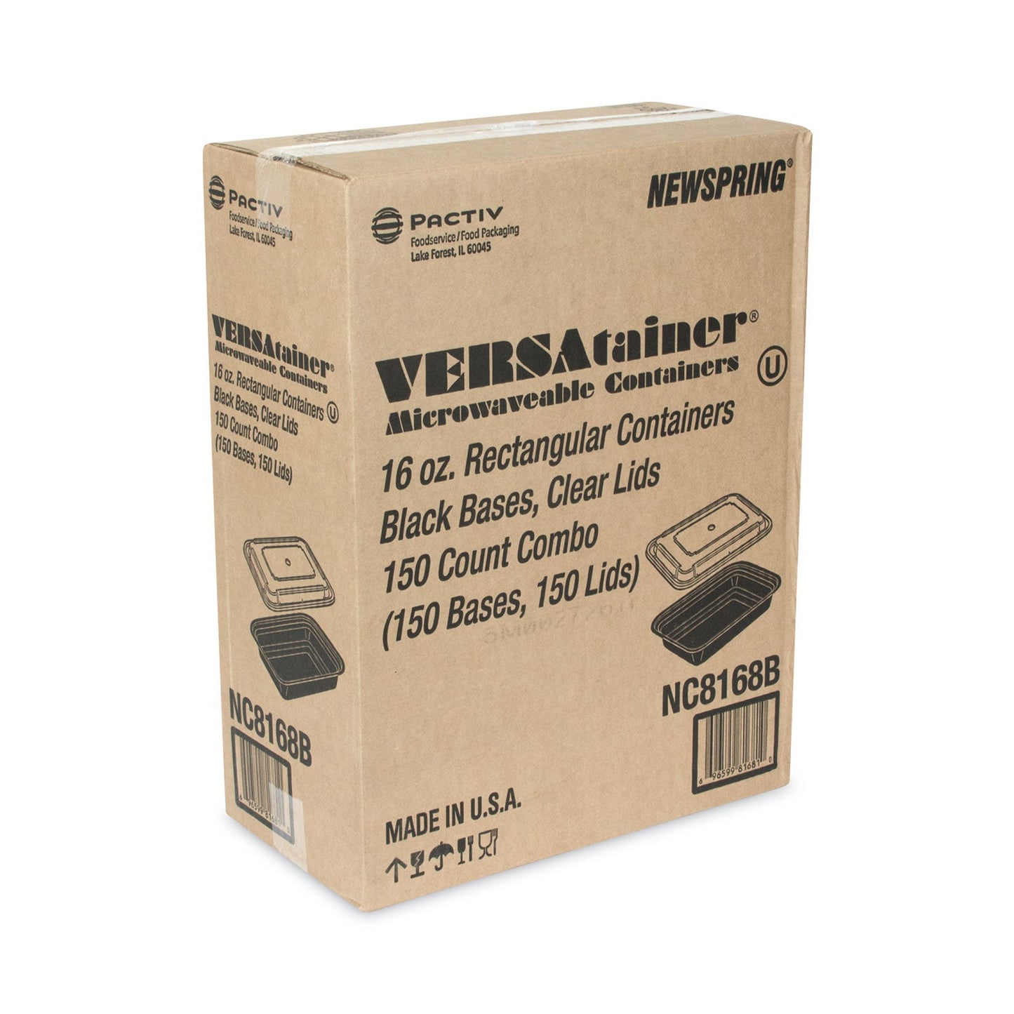 Pactiv Evergreen Newspring VERSAtainer Microwavable Containers, 16 oz, 5 x 7.25 x 1.5, Black/Clear, Plastic, 150/Carton