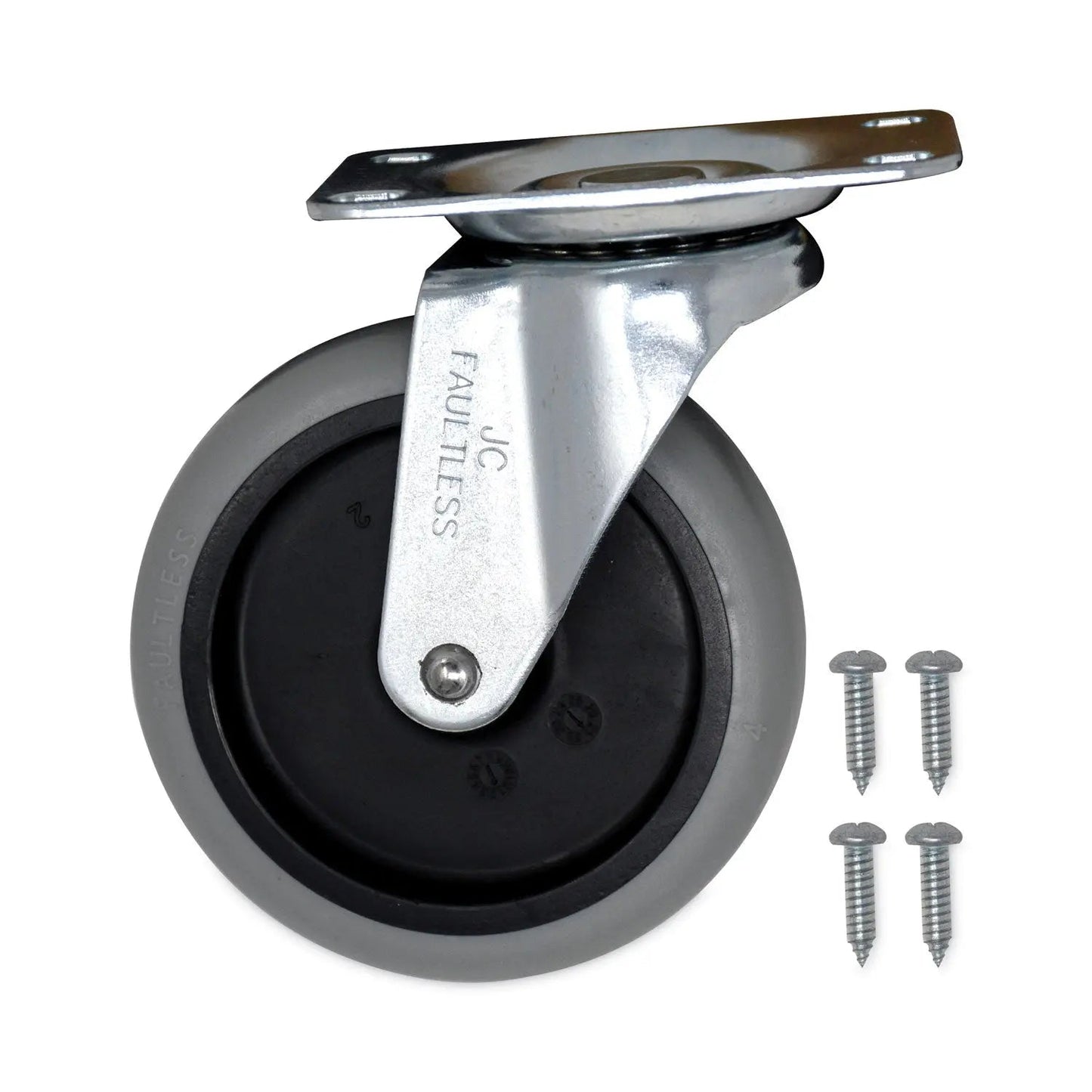 Rubbermaid® Commercial Non-Marking Plate Casters, Swivel Mount Plate, 4" Wheel, Black/Gray/Silver