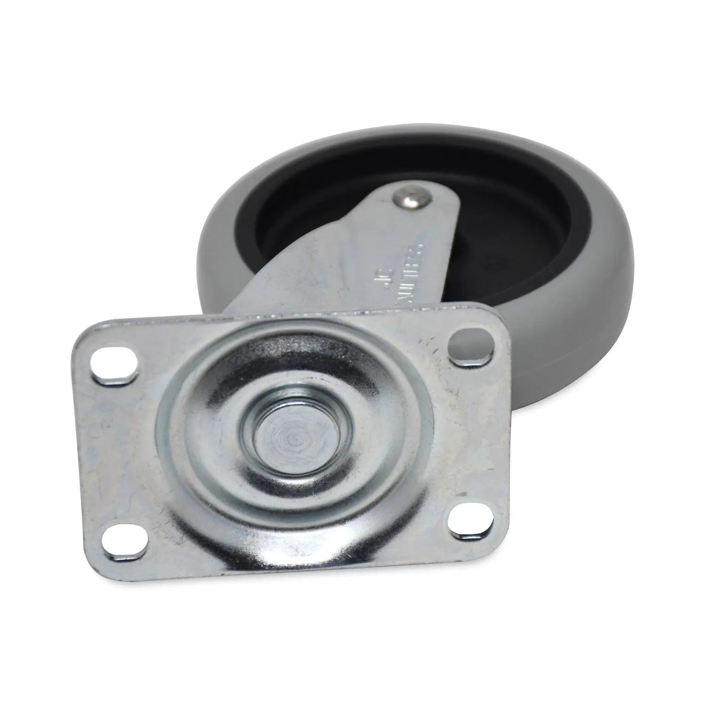 Rubbermaid® Commercial Non-Marking Plate Casters, Swivel Mount Plate, 4" Wheel, Black/Gray/Silver