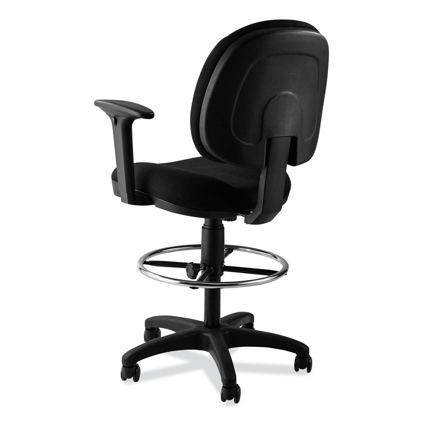 NPS® Comfort Task Stool with Arms, Supports Up to 300 lb, 25.5" to 35.5" Seat Height, Black Seat, Black Back, Black Base