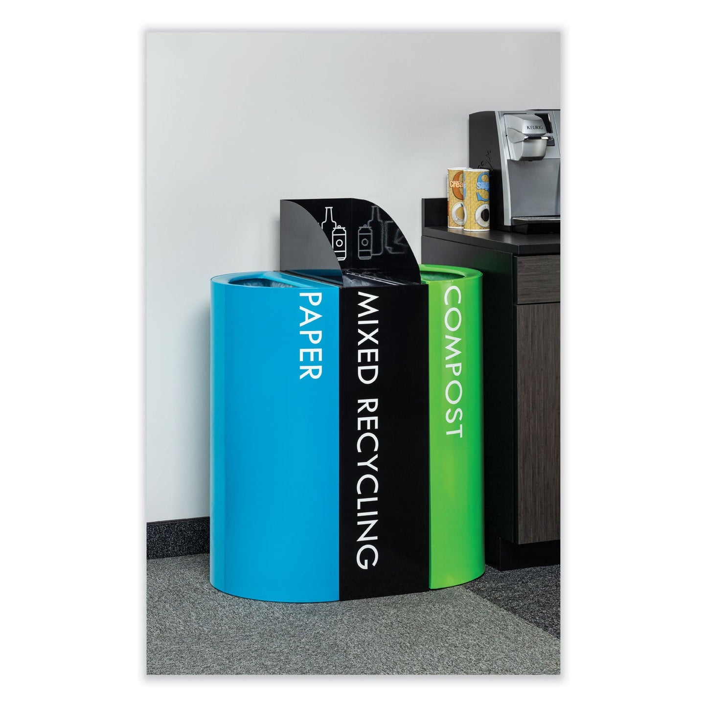 Safco® Mixx Recycling Center Rectangular Receptacle, 29 gal, Steel, Black
