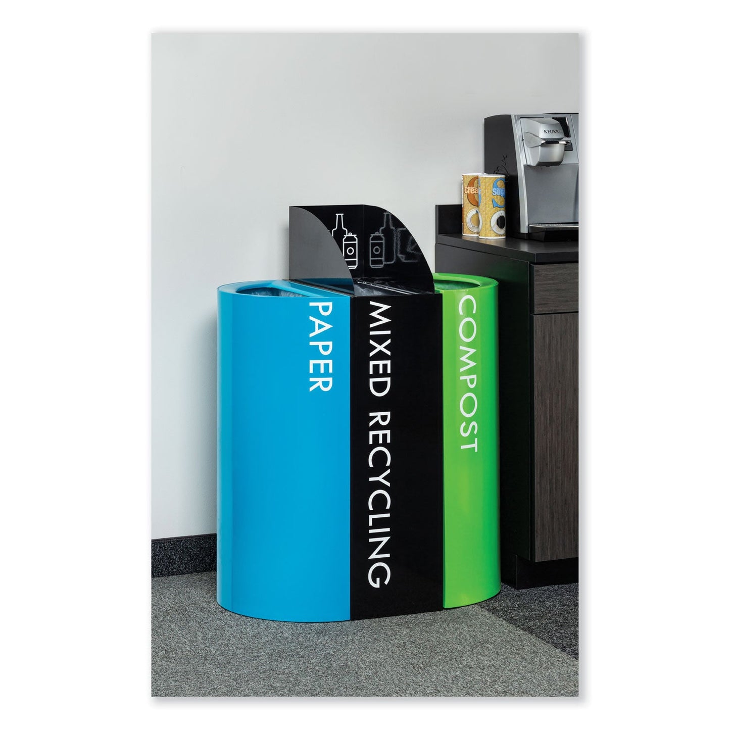 Safco® Mixx Recycling Center Rectangular Receptacle, 29 gal, Steel, Green