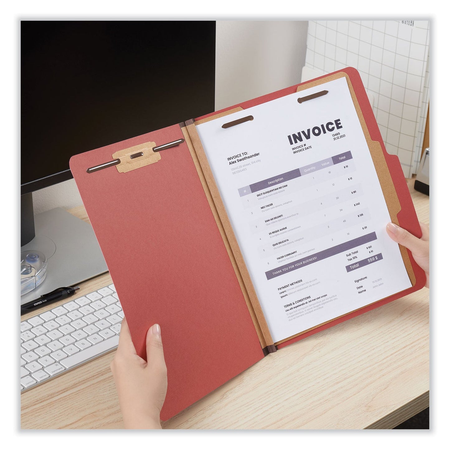 Universal® Four-Section Pressboard Classification Folders, 2" Expansion, 1 Divider, 4 Fasteners, Letter Size, Red Exterior, 10/Box