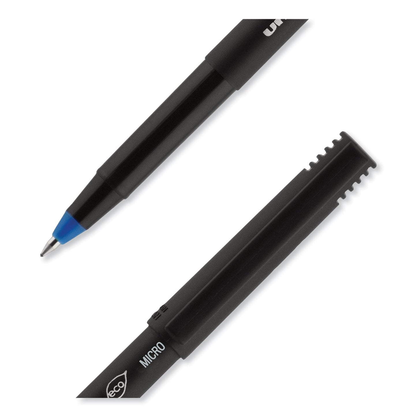 uniball® ONYX Rollerball Pen, Stick, Extra-Fine 0.5 mm, Blue Ink, Black/Blue Barrel, Dozen