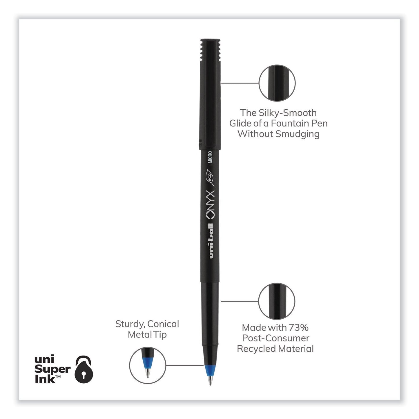 uniball® ONYX Rollerball Pen, Stick, Extra-Fine 0.5 mm, Blue Ink, Black/Blue Barrel, Dozen