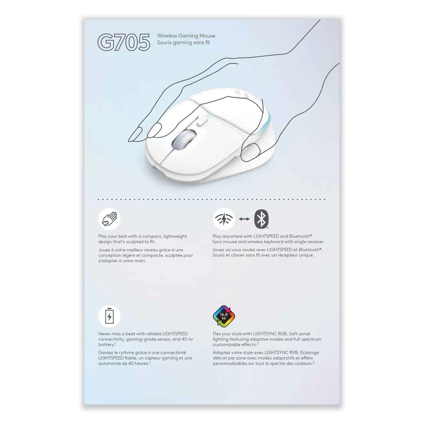 Logitech® G705 Wireless Gaming Mouse, 2.4 GHz Frequency/33 ft Wireless Range, Right Hand Use, White