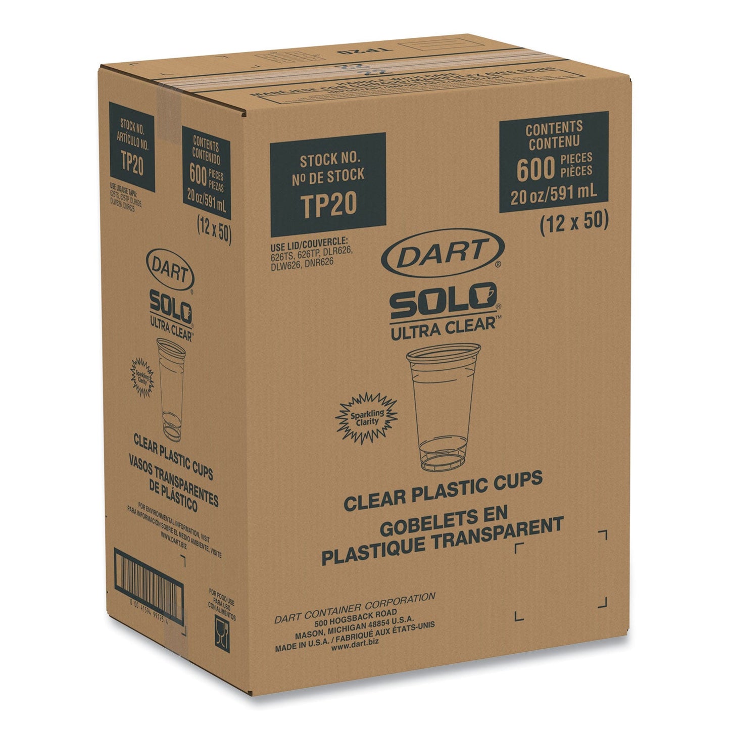 SOLO® Ultra Clear Cups, 20 oz, Plastic, 50/Bag, 12 Bags/Carton